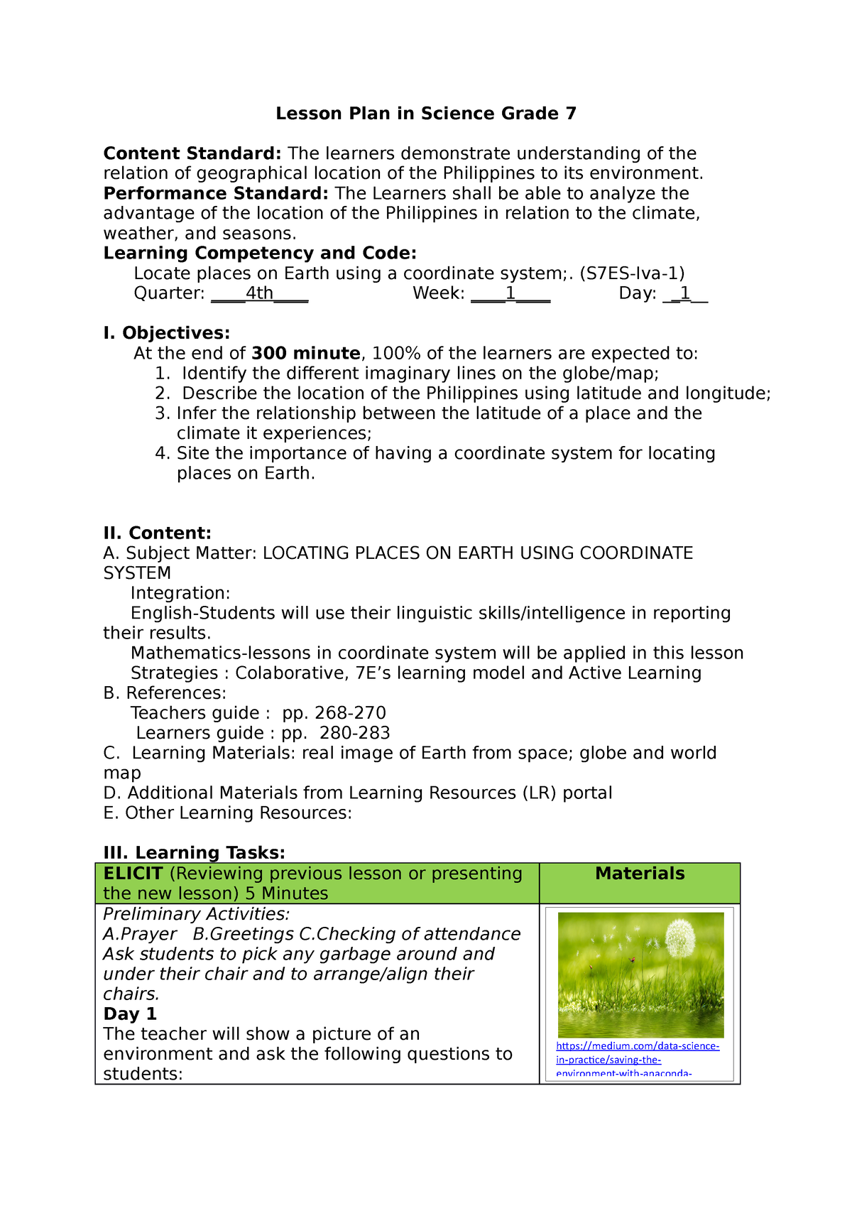 Joseline O. BUAL- Grade 7-Q4-WEEK 1 - Lesson Plan In Science Grade 7 ...