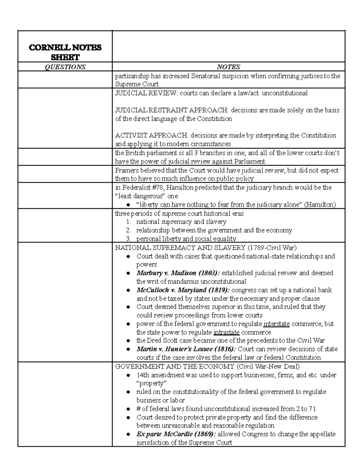 Judiciary Branch Cornell Notes - CORNELL NOTES SHEET QUESTIONS NOTES ...