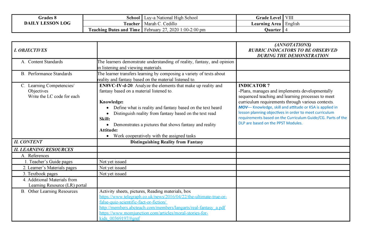 English 8 Cot-4th - Needed Fe My Teaching - Grades 8 DAILY LESSON LOG ...