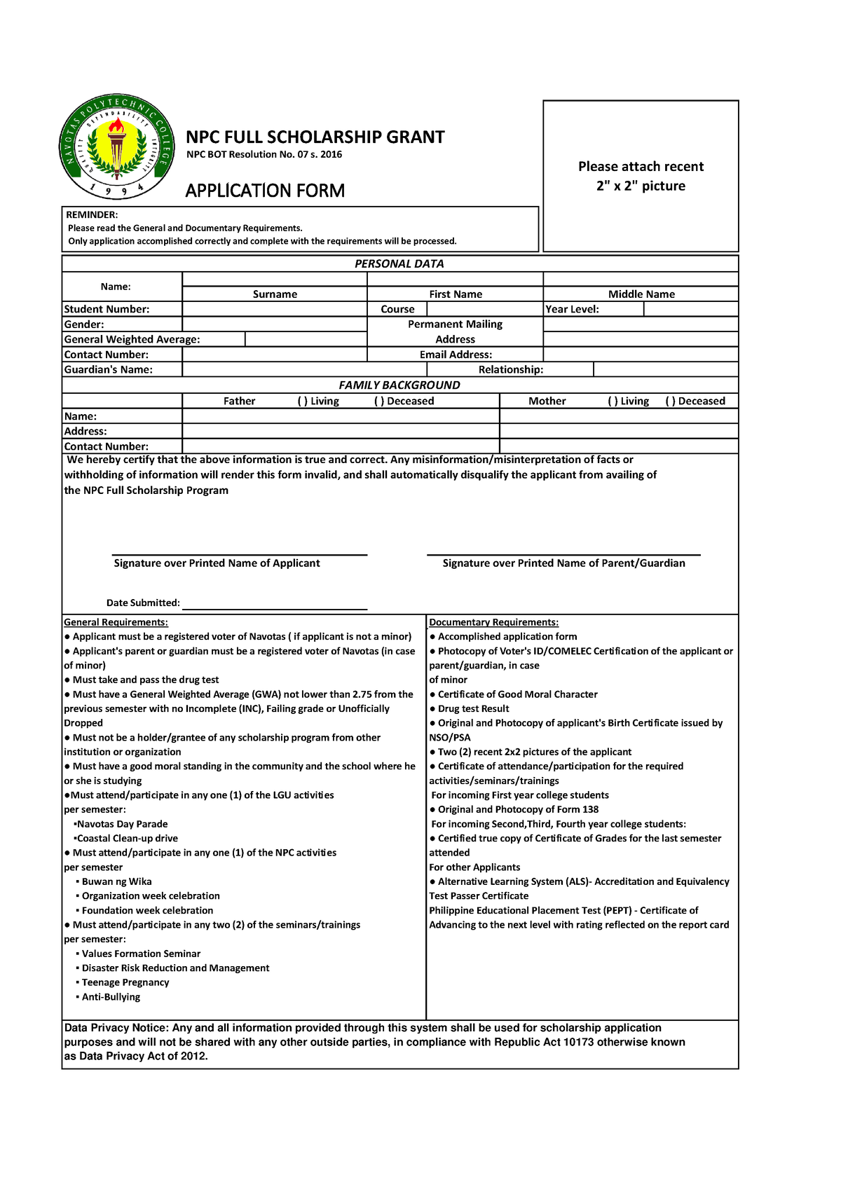 NPC FULL Scholarship Application FORM General Requirements Applicant