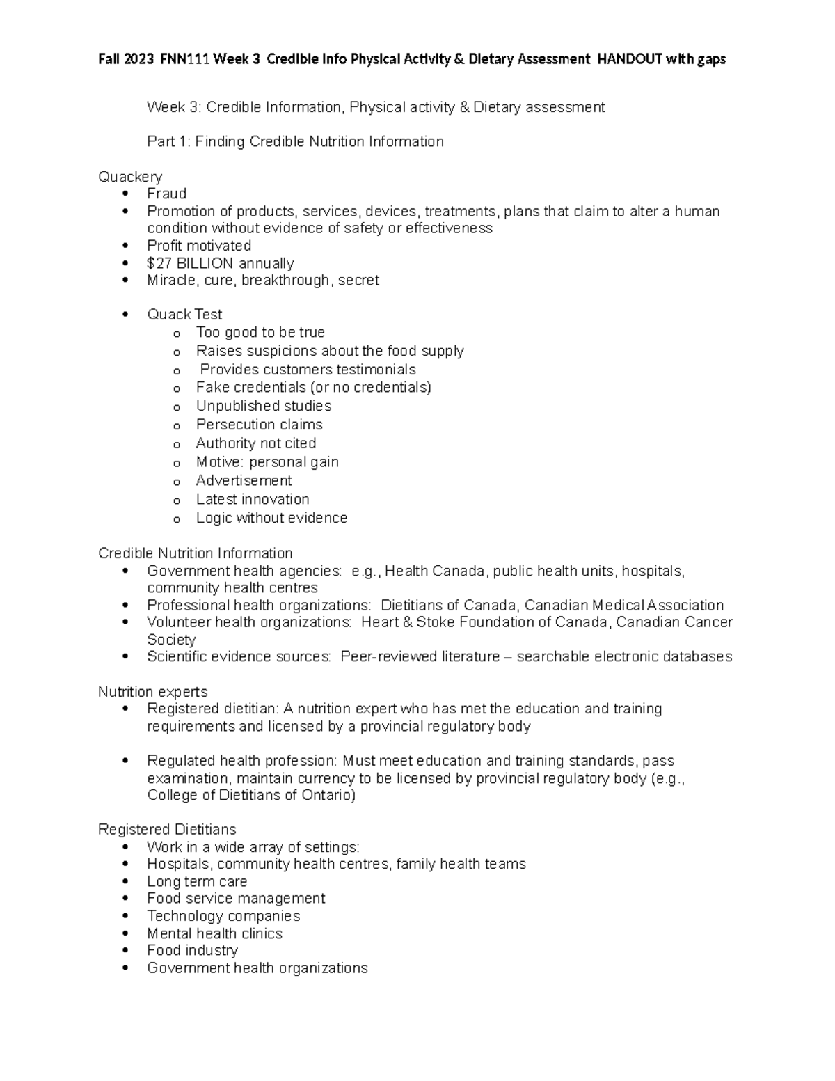 Week 3 Credible Info Physical Activity & Dietary Assessment Handout ...