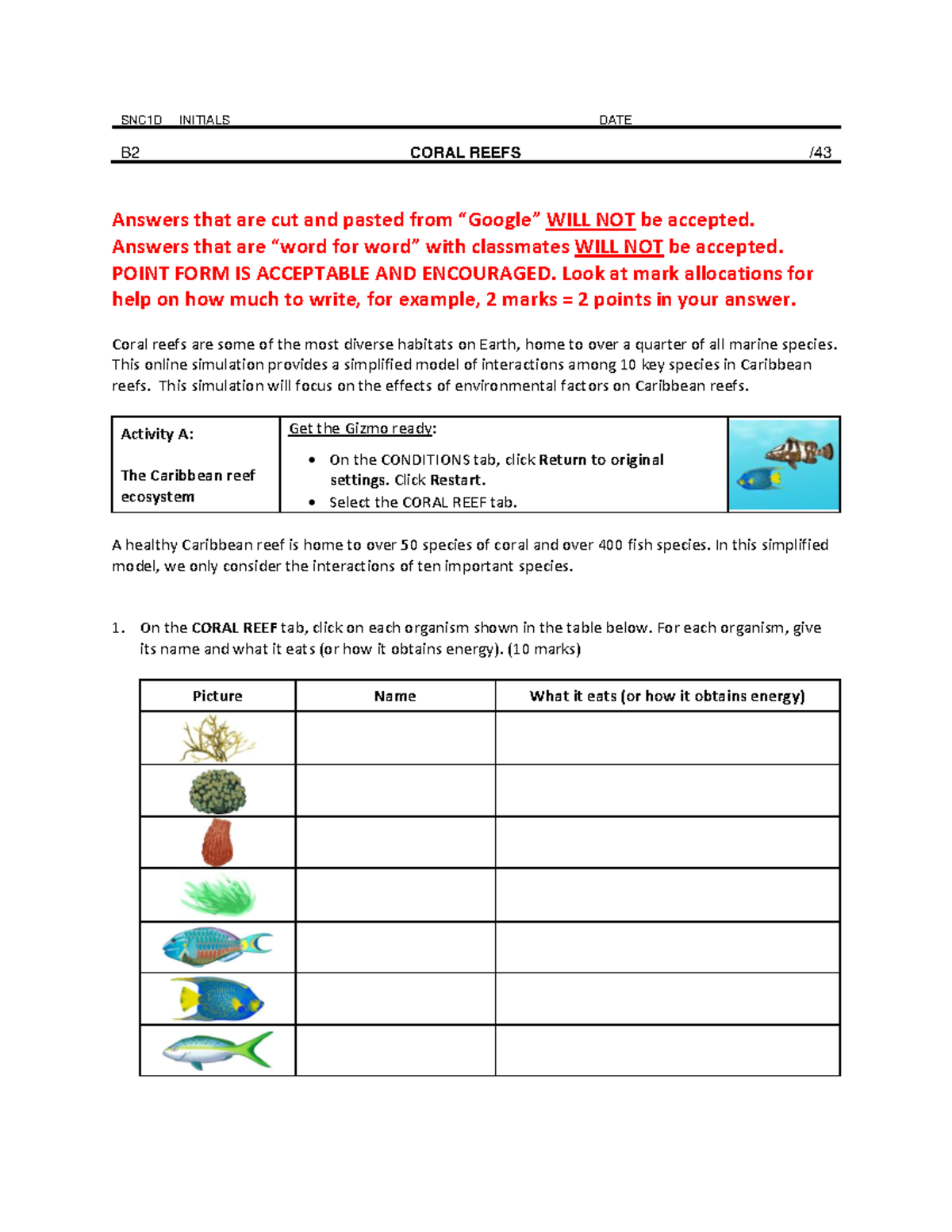 B2 Coral Reef Ecosystem 1 - Snc1d Initials Date B Coral Reefs   Answers 