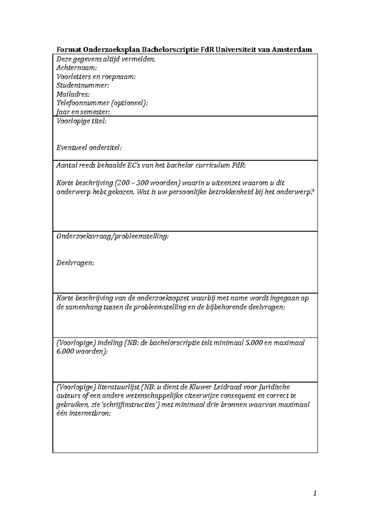 Format Onderzoeksplan Bachelorscriptie Fd R - Format Onderzoeksplan ...