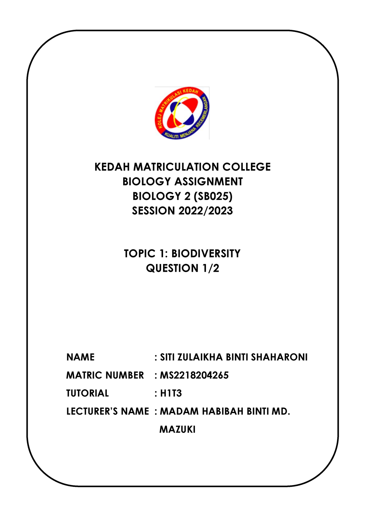 example assignment biology matriculation