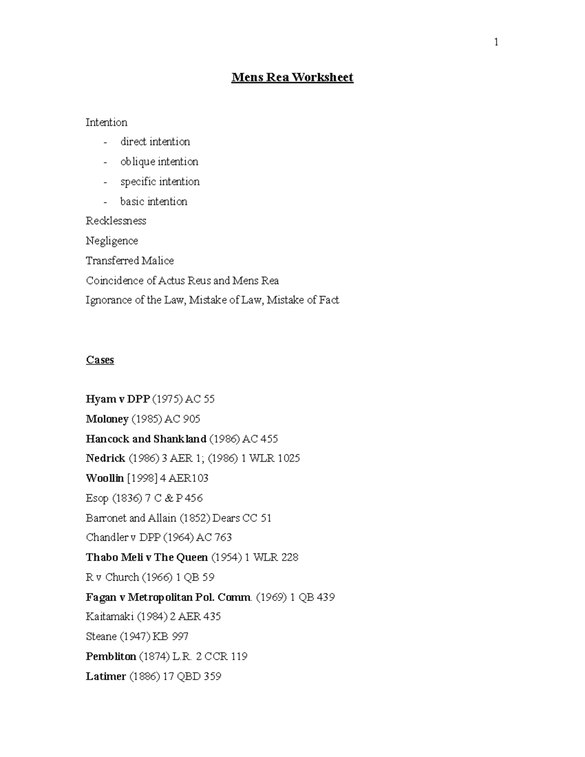 Mens Rea Worksheet edited Mens Rea Worksheet Intention direct