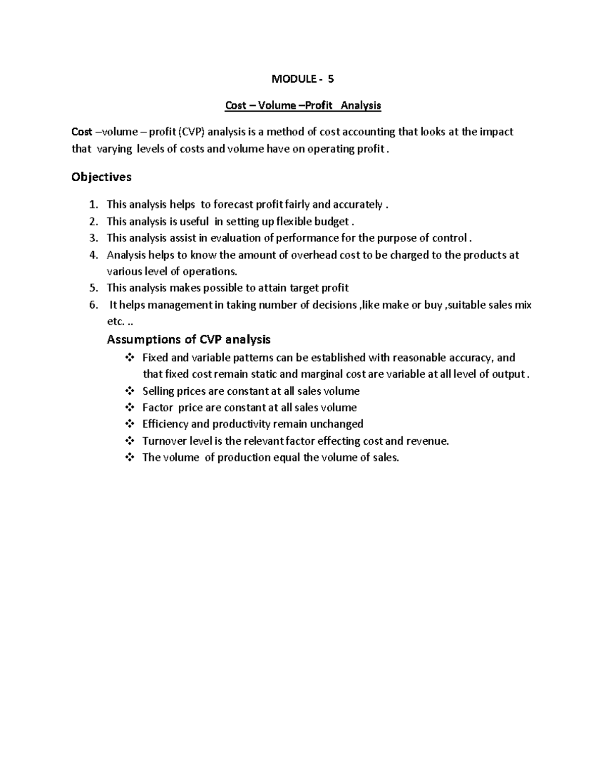 CVP analysis - Lecturer notes - MODULE - 5 Cost – Volume – Profit ...