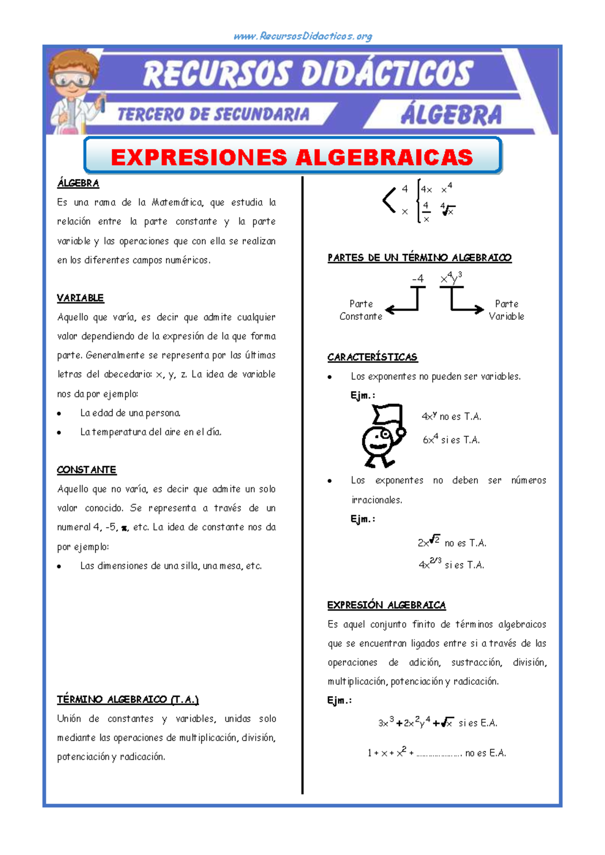 Clasificación de las Expresiones Algebraicas para Tercero de Secundaria ...