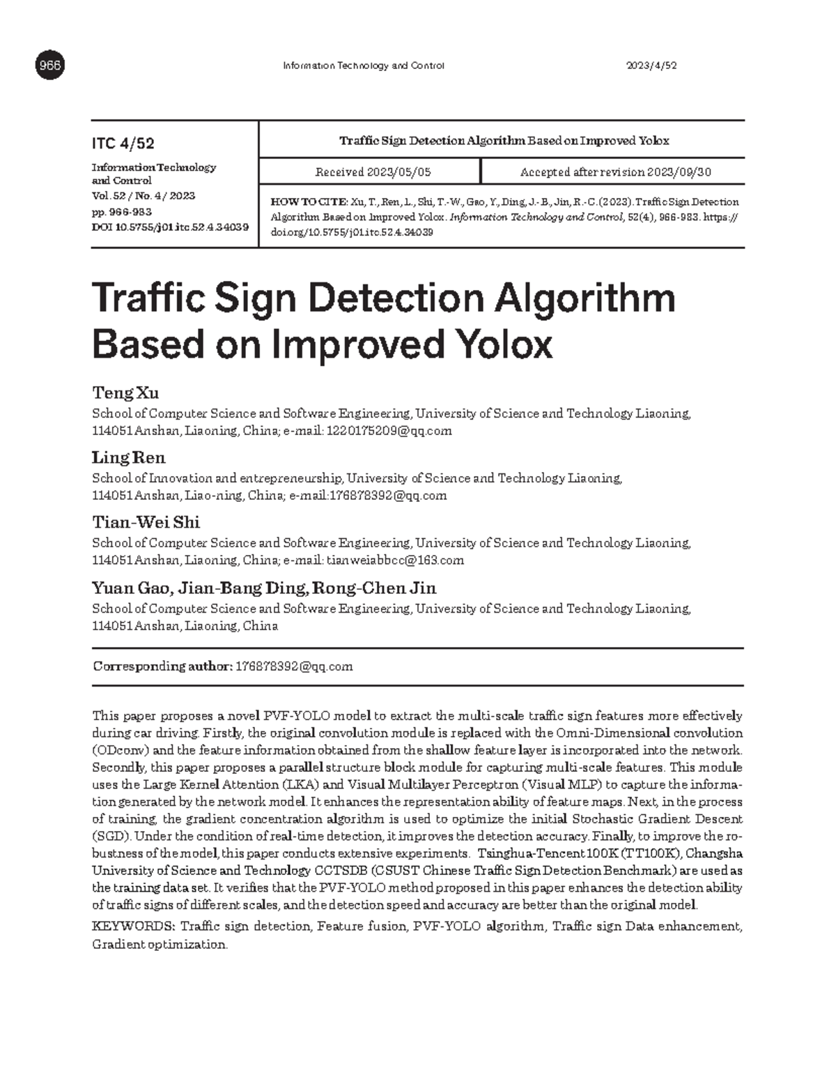 Paper 12 Traffic Sign Detection Algorithm Based on Improved Yolox - 966 ...