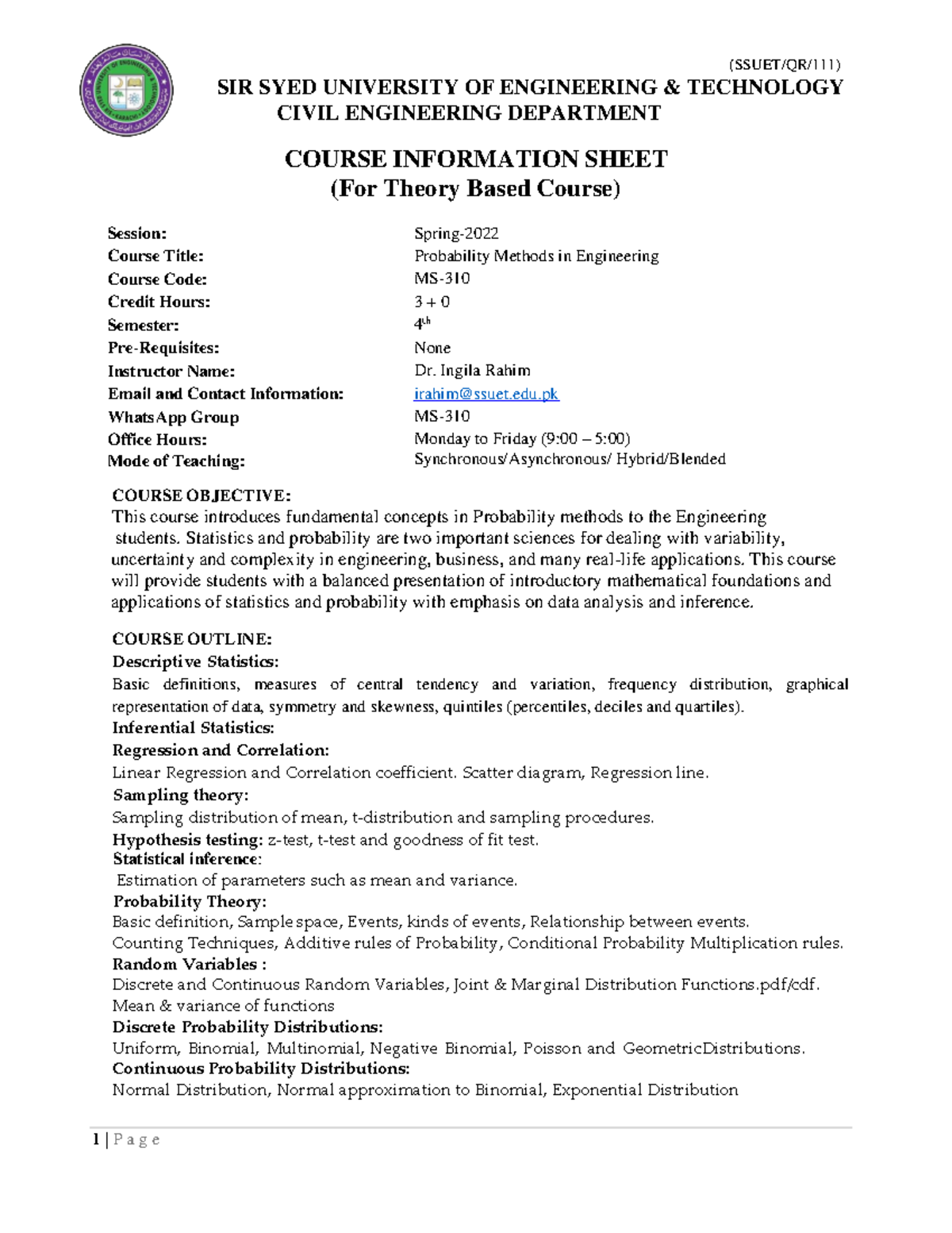 CIS 310 Probability Methods In Engineering - probability & statistics ...