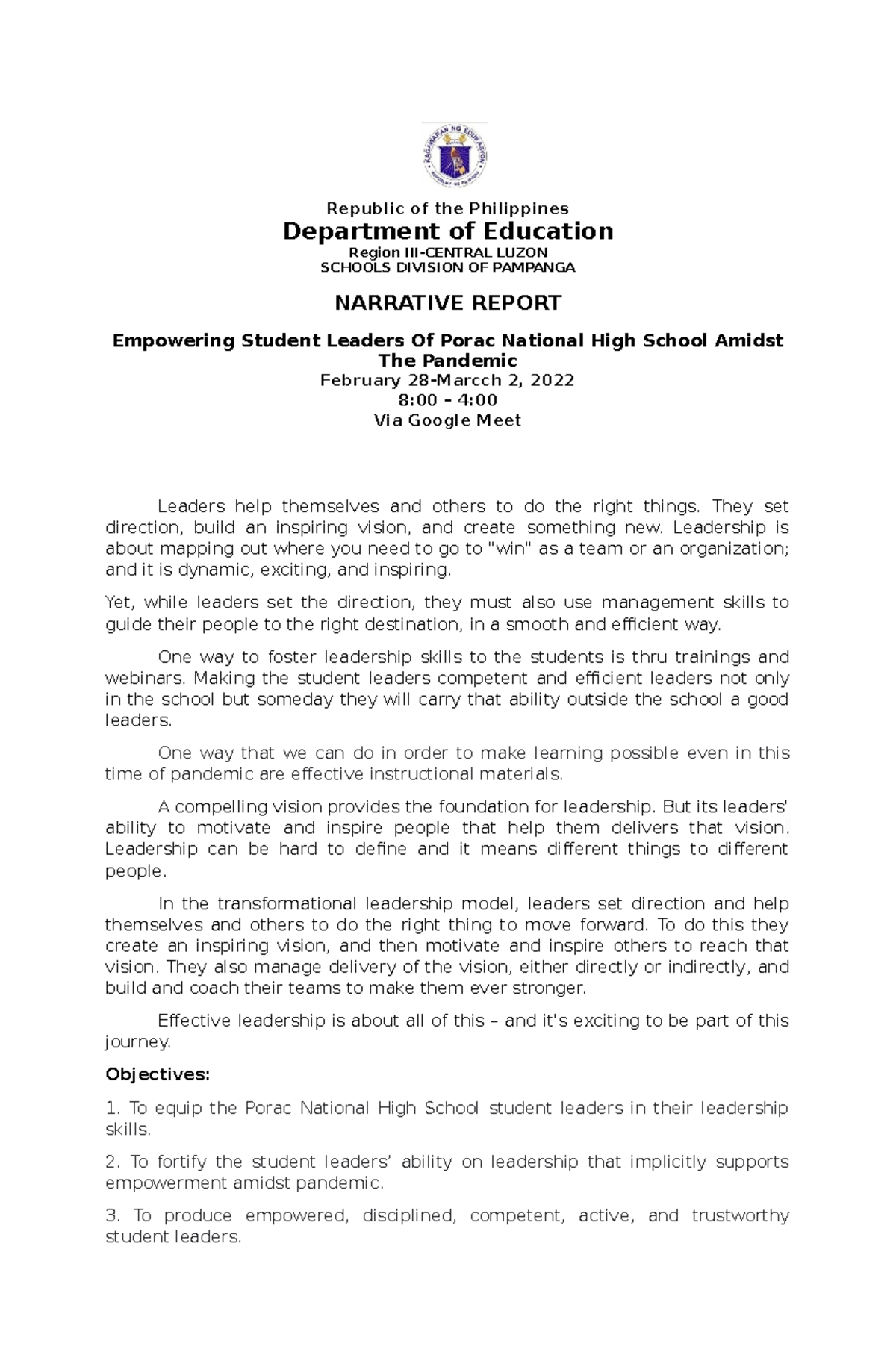 SSG Webinar Narrative Report - Republic of the Philippines Department ...