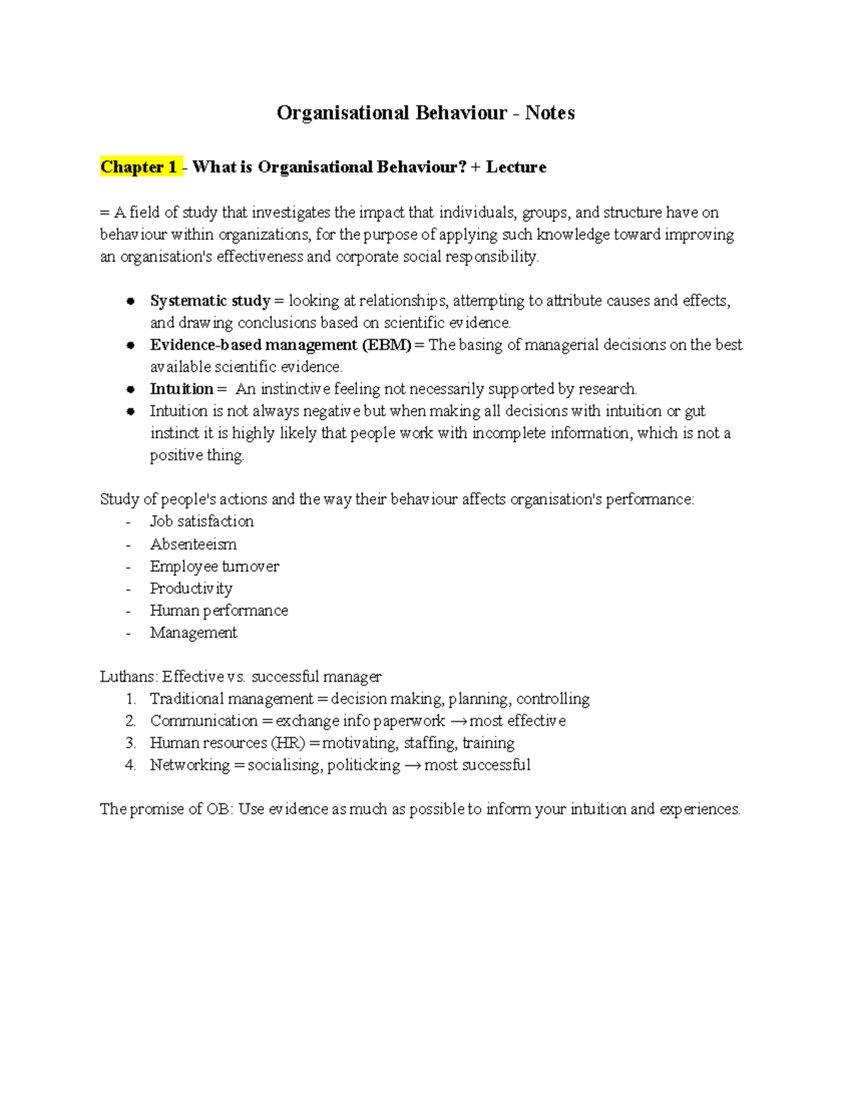 OB Notes - Chapter 1 - Organisational Behaviour - Notes Chapter 1 ...