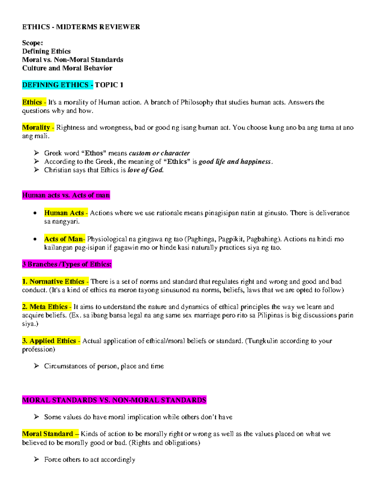 Ethics Midterms - ETHICS - MIDTERMS REVIEWER Scope: Defining Ethics ...