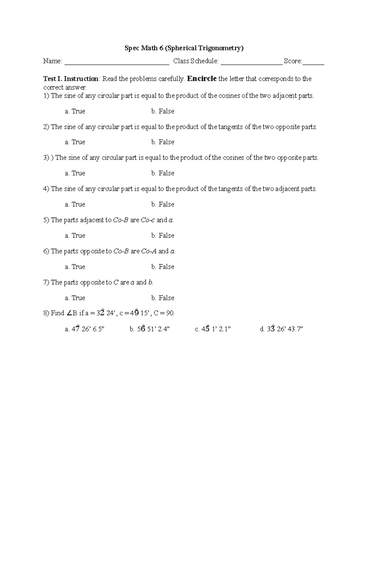 Spec 6 final - A multiple choice exam about Plane and Spherical ...