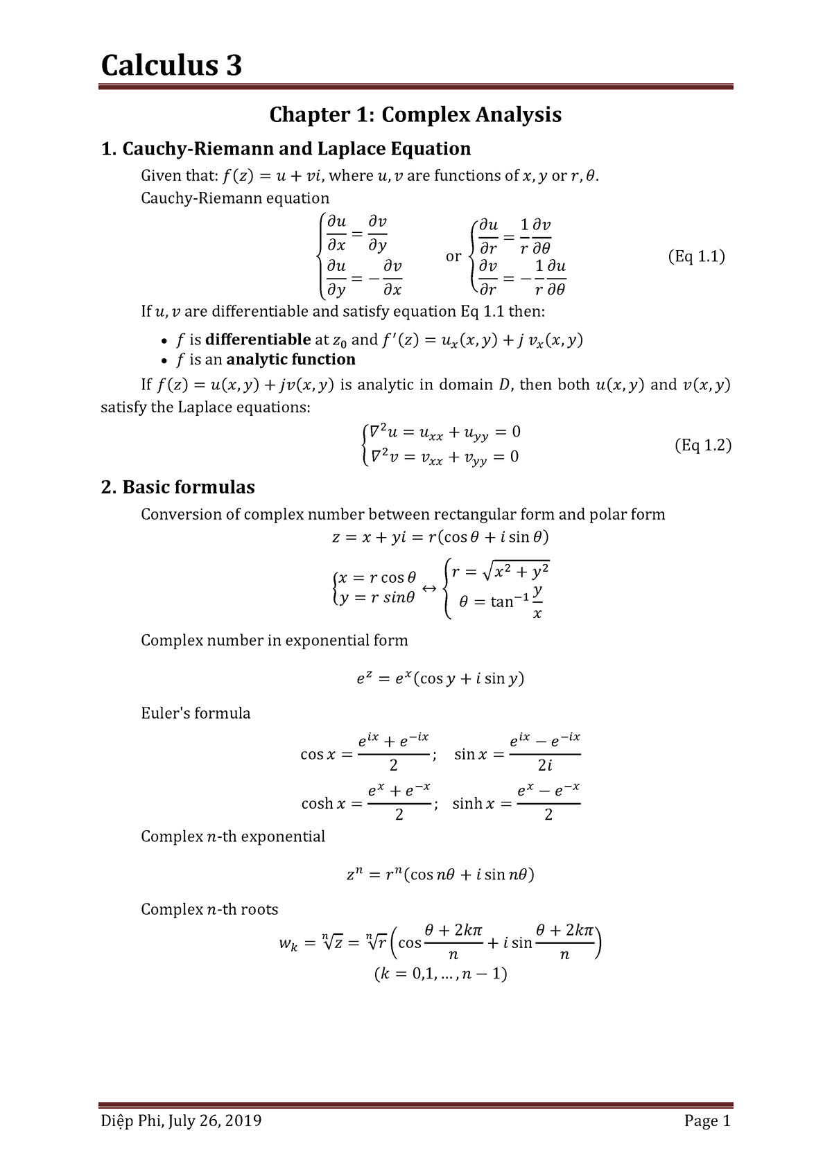 Calculus 3 - Chapter 1: Complex Analysis 1. Cauchy-Riemann And Laplace ...