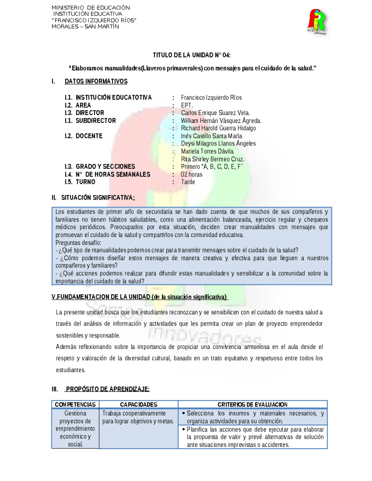 Unidad Didáctica N° 4 INSTITUCIÓN EDUCATIVA “FRANCISCO IZQUIERDO RÍOS