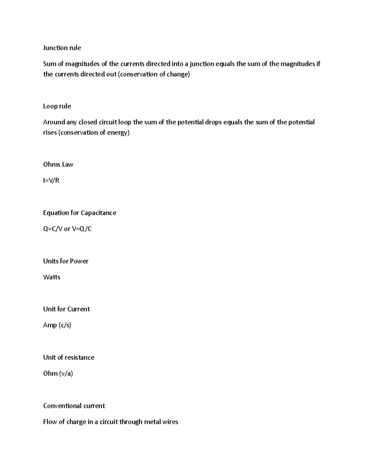 Phy 2054 ch20 - Chapter 20 Notes - Junction rule Sum of magnitudes of ...