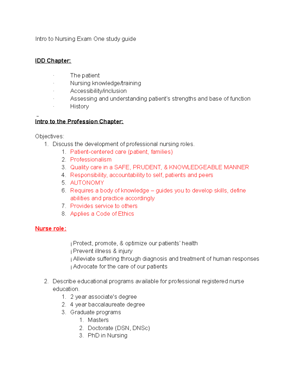 300 exam one study guide - Intro to Nursing Exam One study guide IDD ...