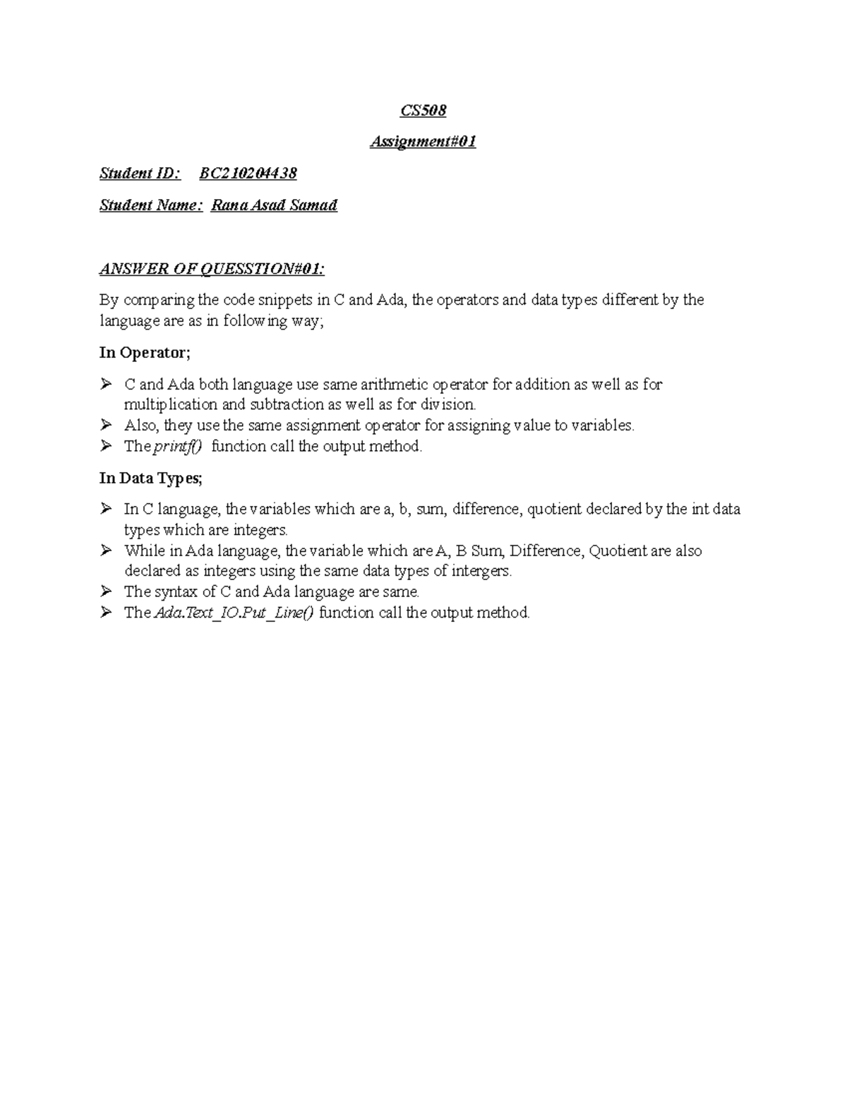 Coding and IF statement - CS Assignment# Student ID: BC Student Name ...