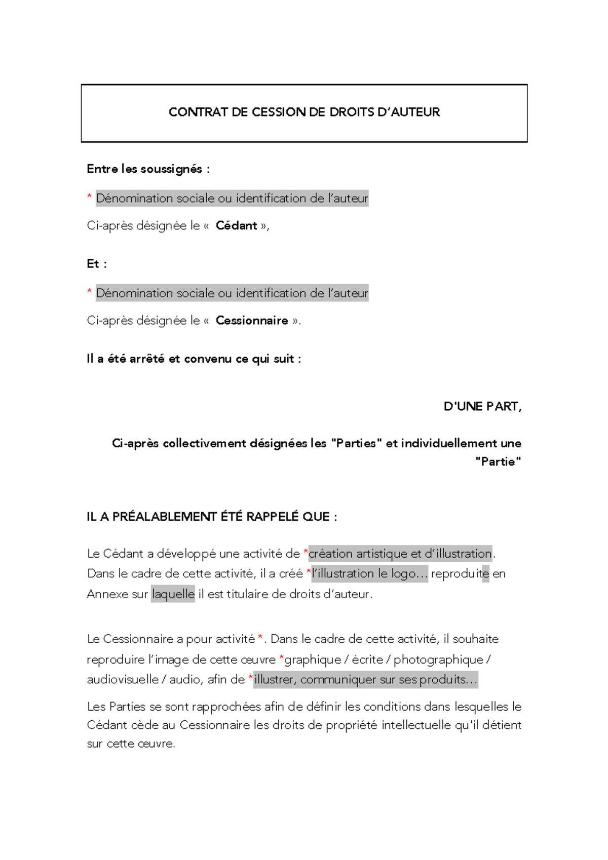 Cession De Droits D Auteur Pro Acheteur Contrat De Cession De Droits Dauteur Entre Les Studocu