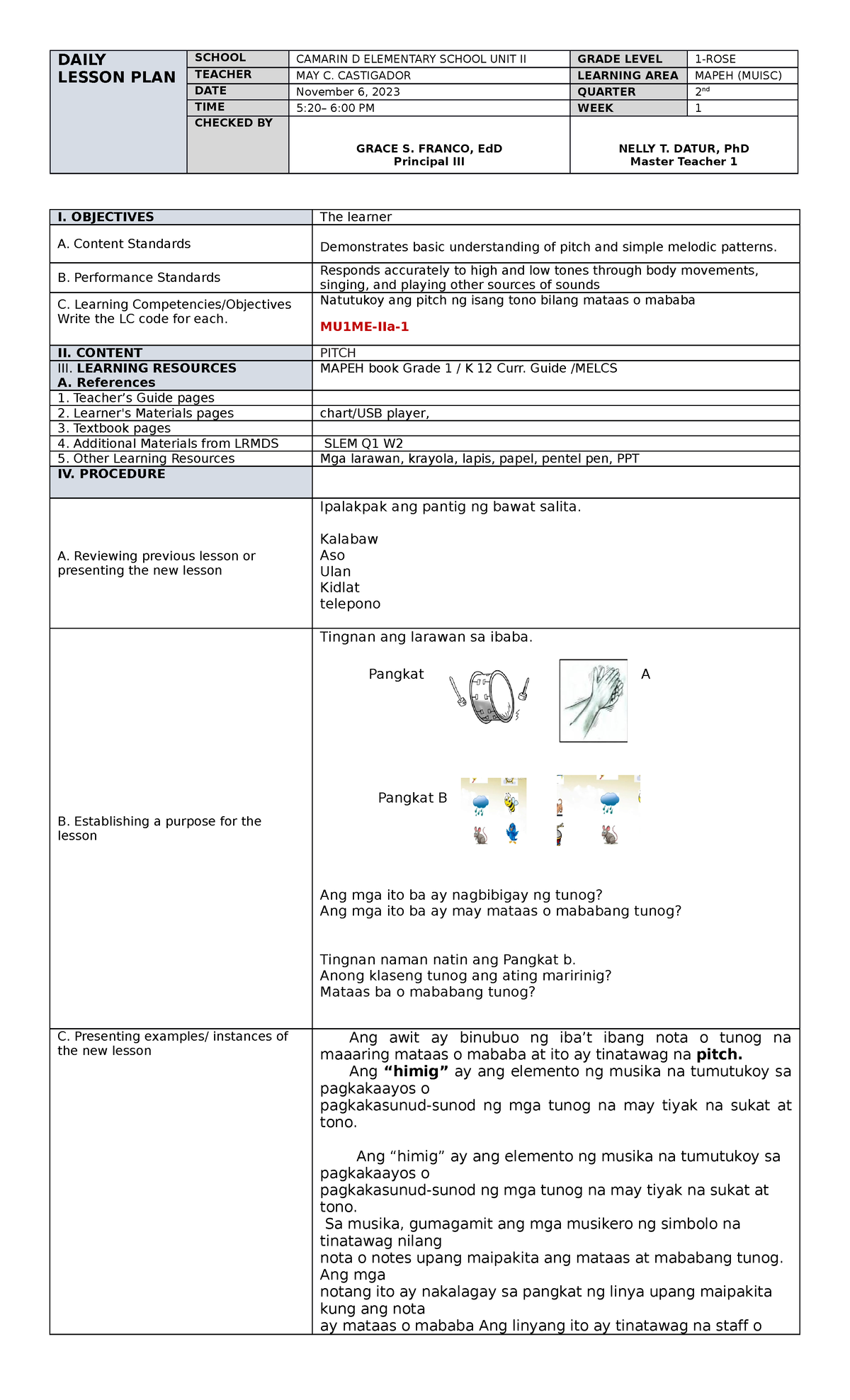 DLP Music 2nd Q WEEK1-NOV.6-10 - DAILY LESSON PLAN SCHOOL CAMARIN D ...