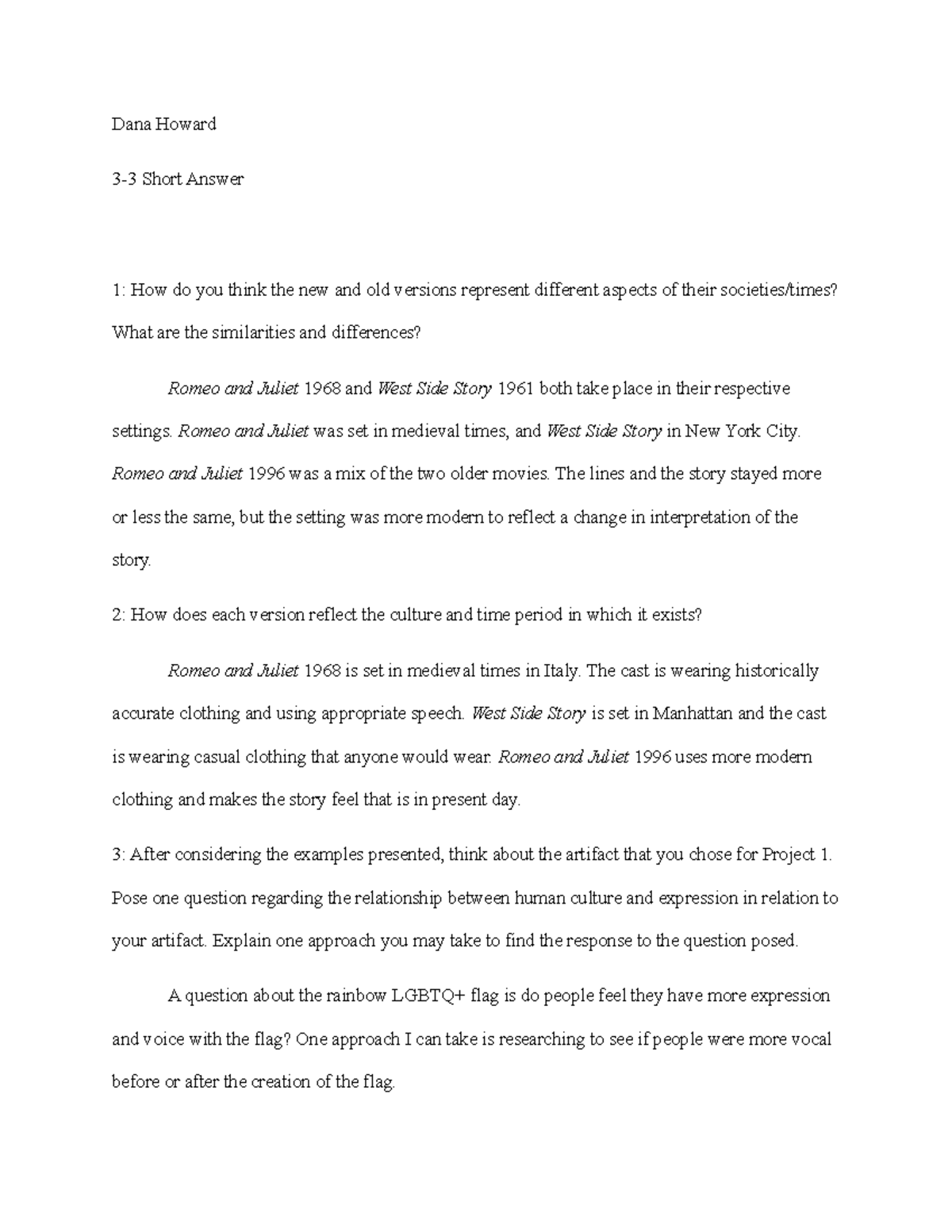 HUM 100 Human Expression and Culture Over Time - Dana Howard 3-3 Short ...