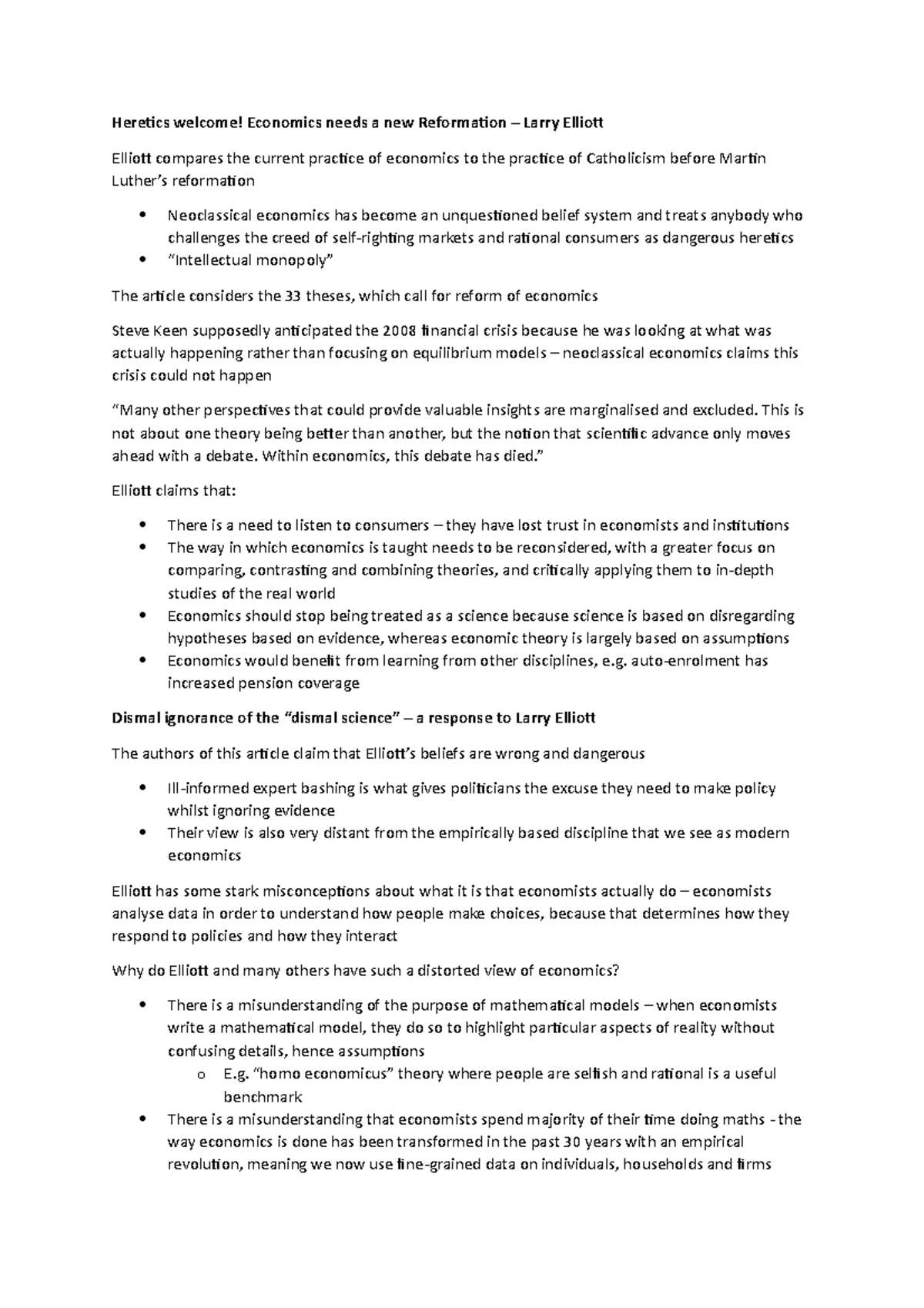 Tutorial week 4 reading summaries - Heretics welcome! Economics needs a ...