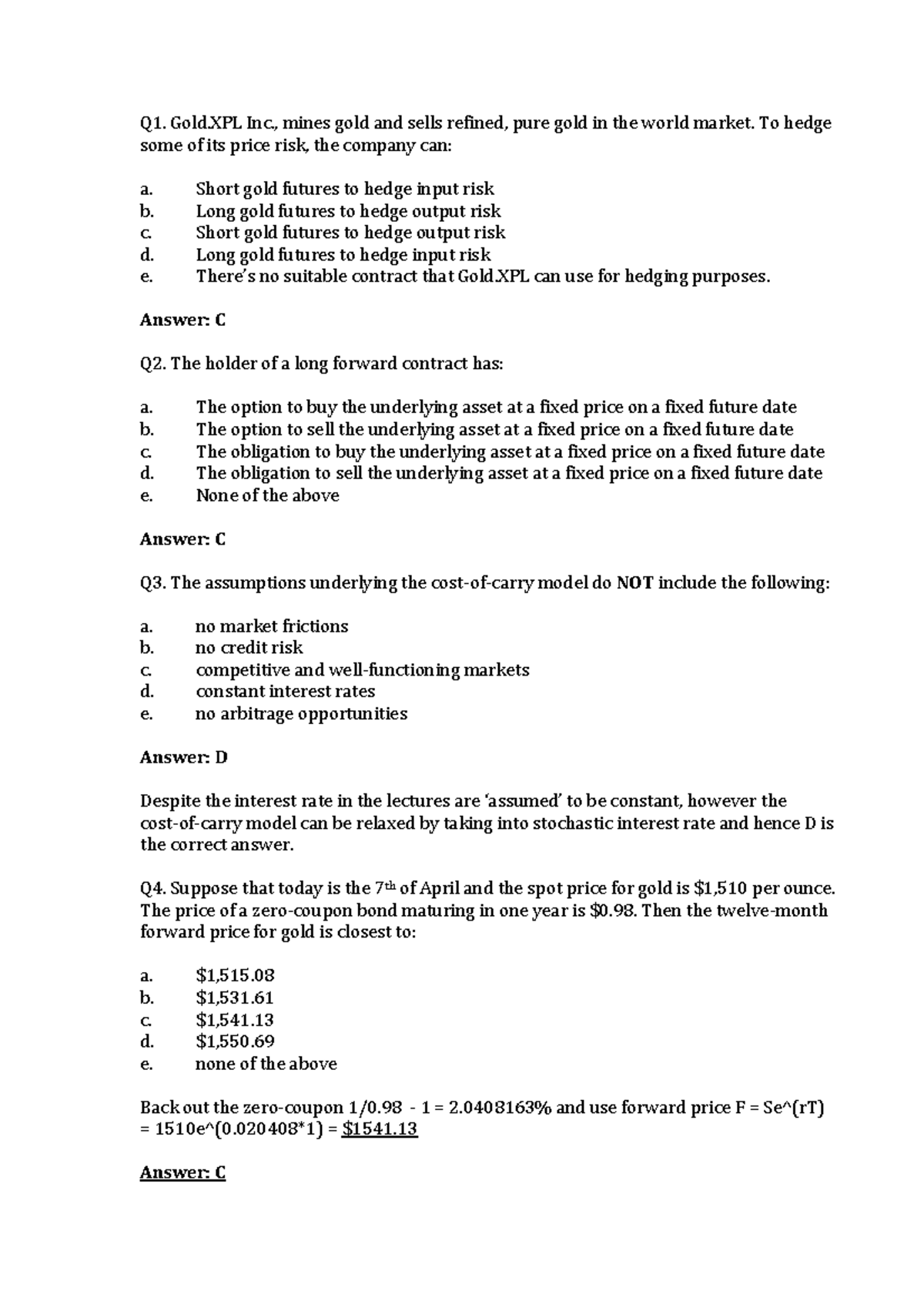 Sample/practice exam 6 November 2019, questions and answers - Q1. Gold ...