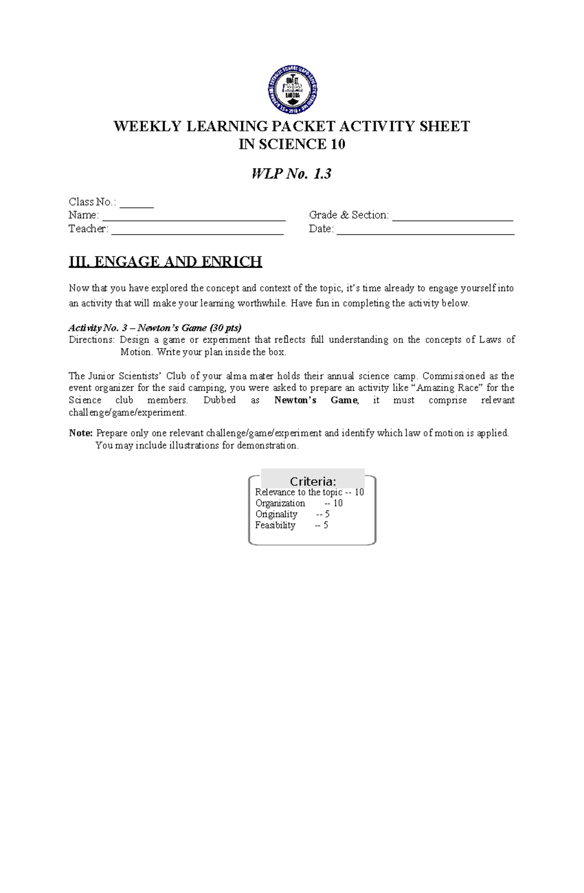 1.3 Engage Enrich Science Activity - WEEKLY LEARNING PACKET ACTIVITY ...