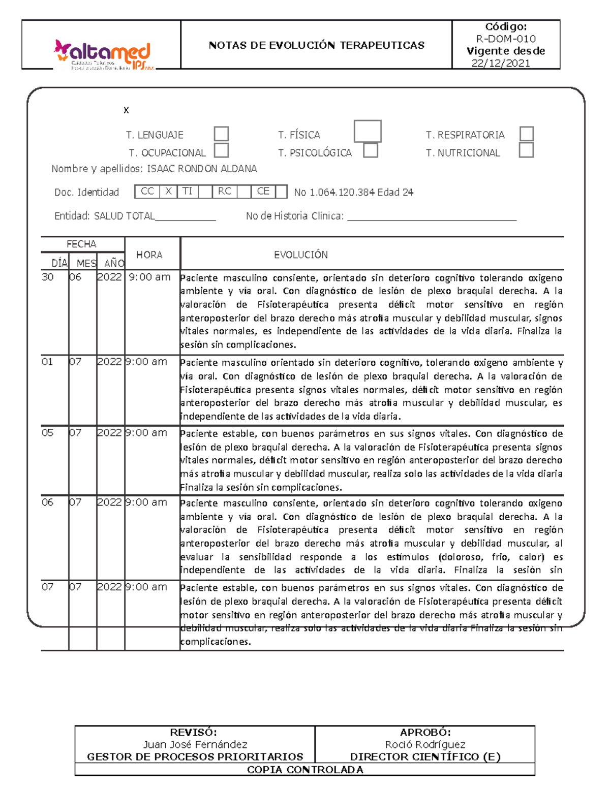 Isaac Rondon Notas DE Evolución Terapeuticas - NOTAS DE EVOLUCIÓN ...