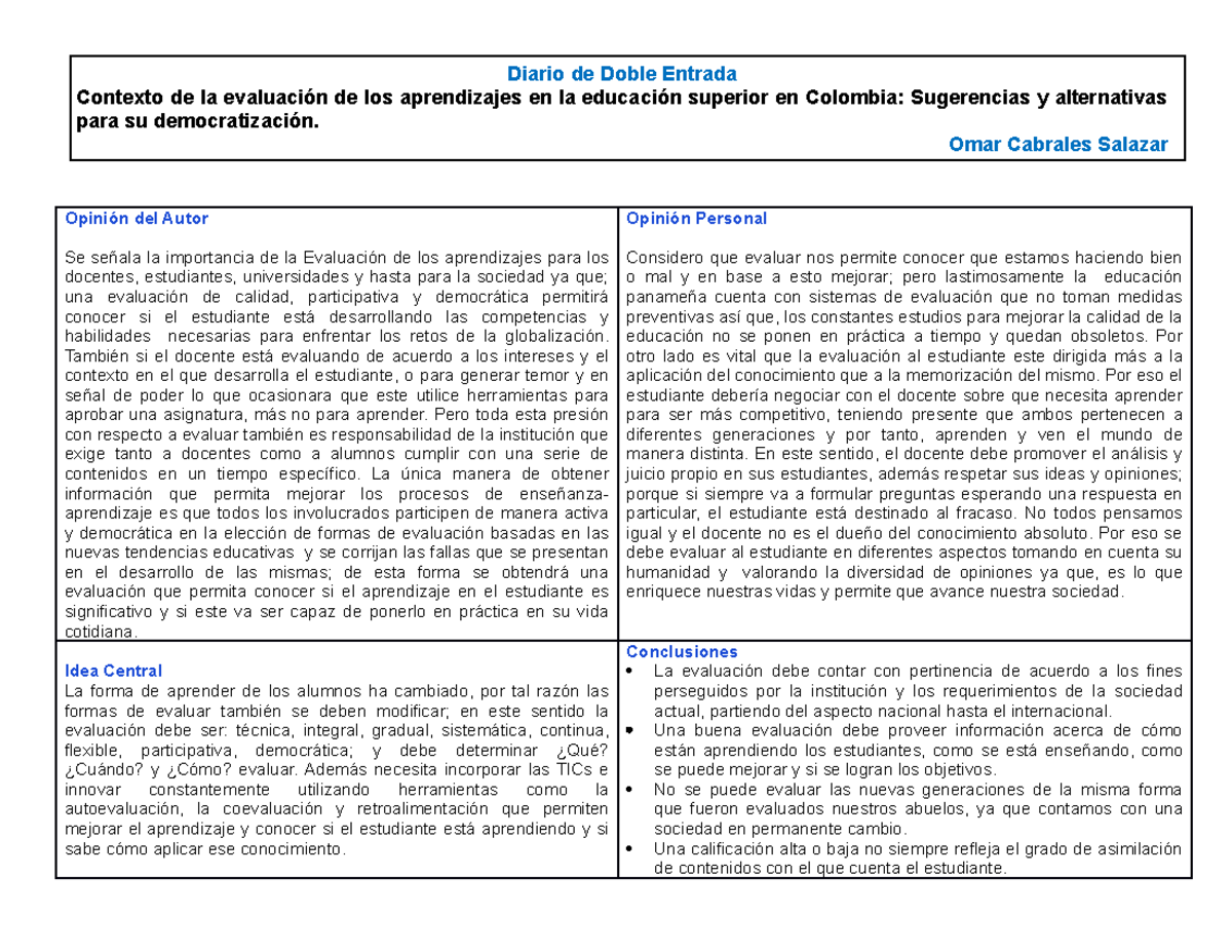 Diario de Doble entrada - Opinión del Autor Se señala la importancia de