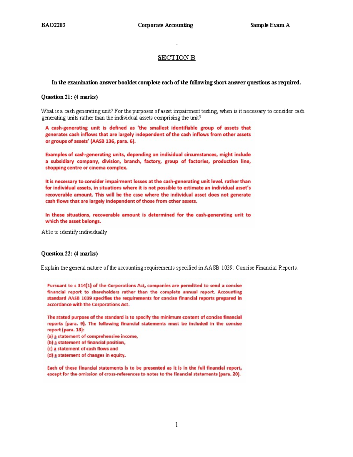 Sample Exam A - additional notes - ` SECTION B In the examination ...