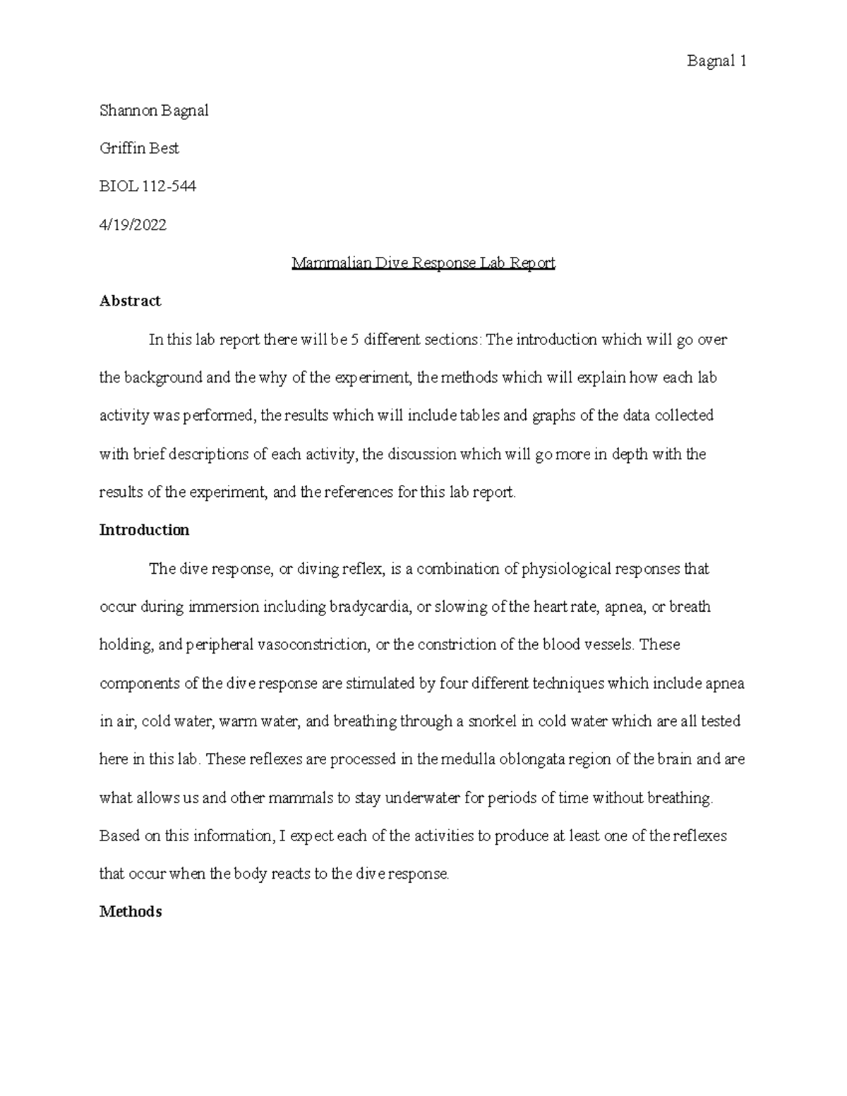 Mammalian dive response lap report - Shannon Bagnal Griffin Best BIOL