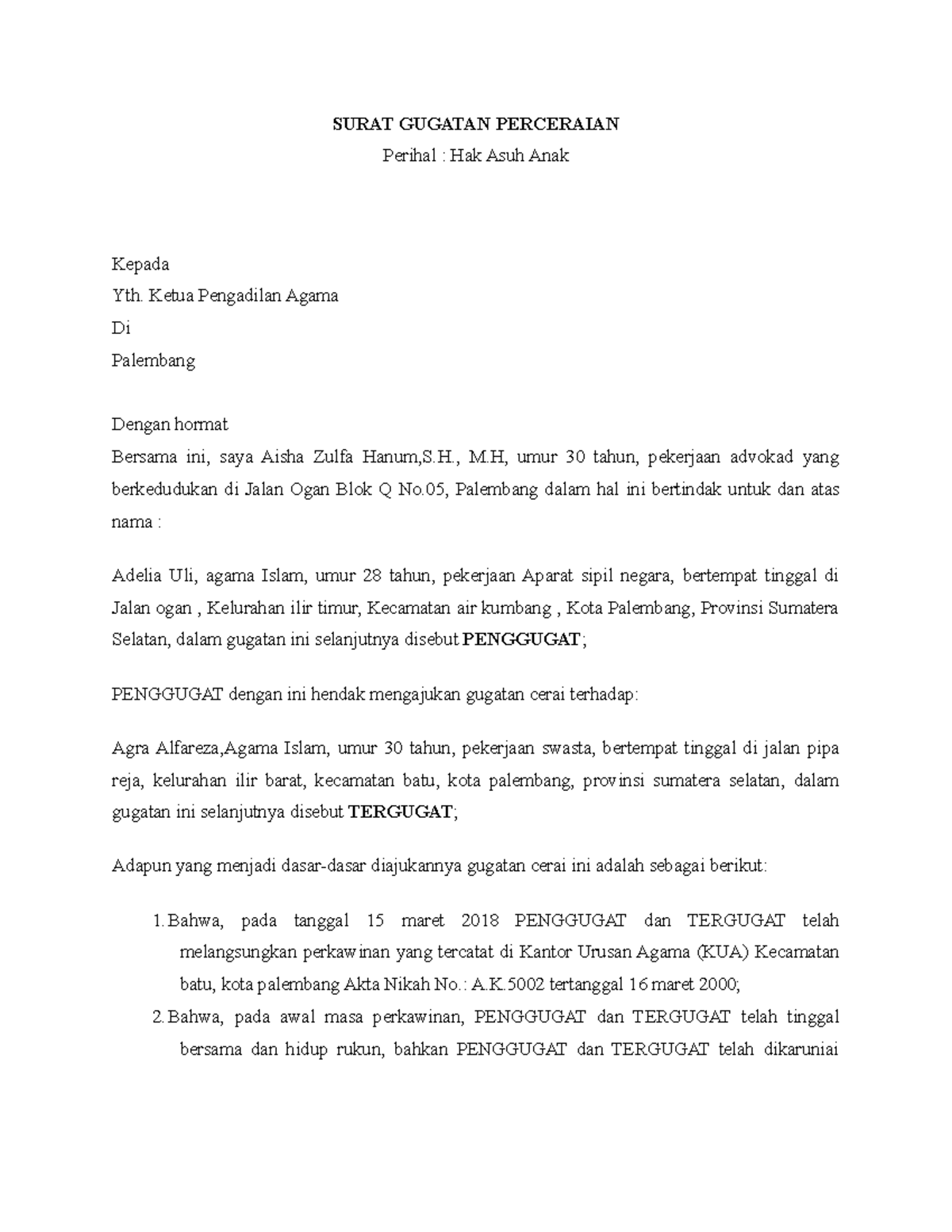 Surat gugatan cerai - SURAT GUGATAN PERCERAIAN Perihal : Hak Asuh Anak ...
