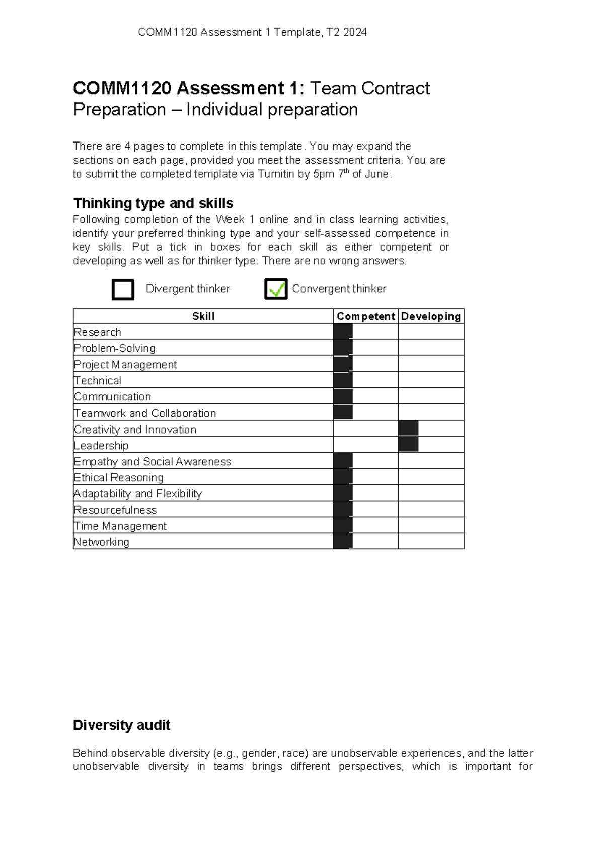 COMM1120 T2 Assessment 1 Team Contract Preparation Template Final ...