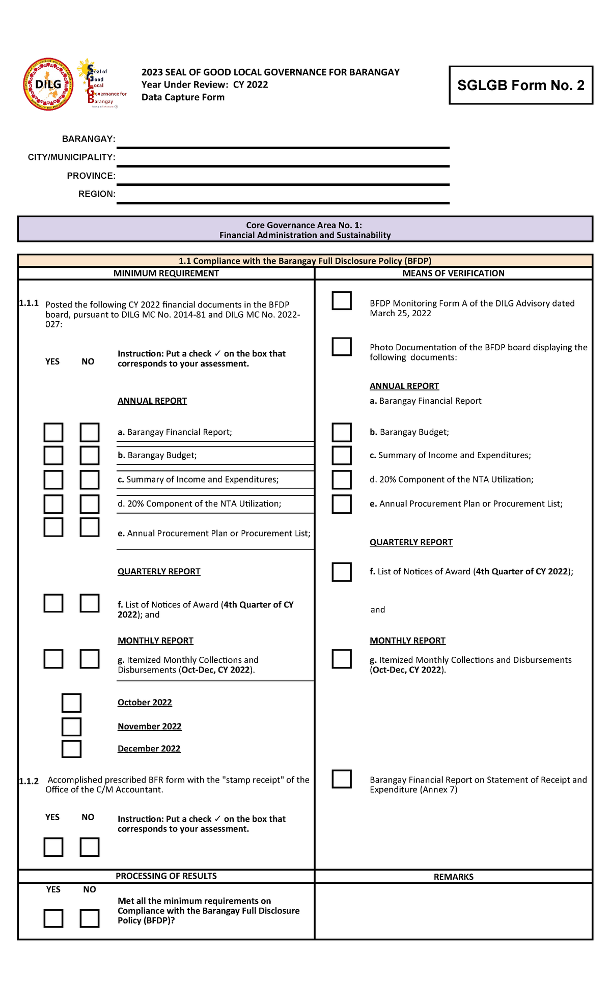 Scribd - Forms - 2023 SEAL OF GOOD LOCAL GOVERNANCE FOR BARANGAY Year ...