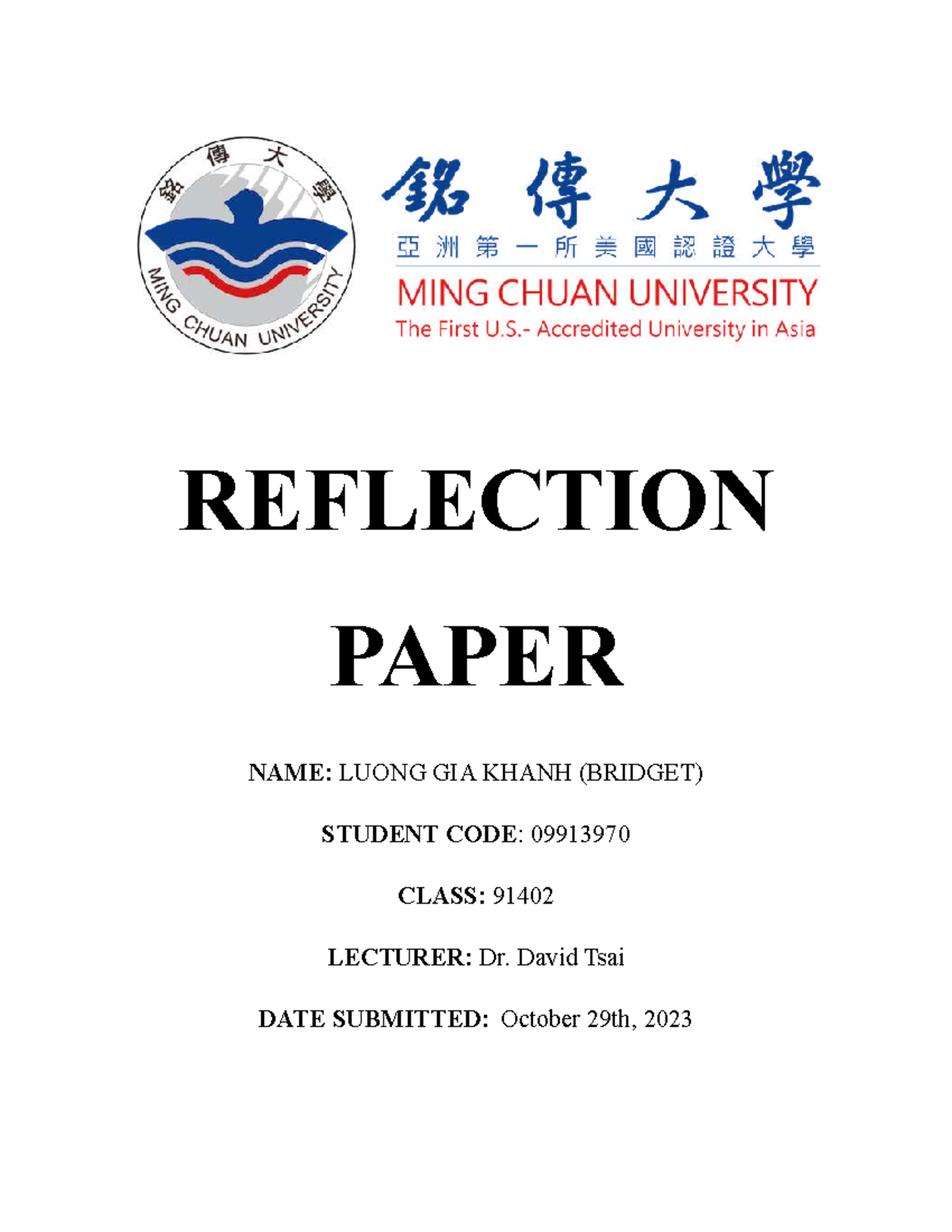 #1 Reflection Paper compressed - REFLECTION PAPER NAME: LUONG GIA KHANH ...