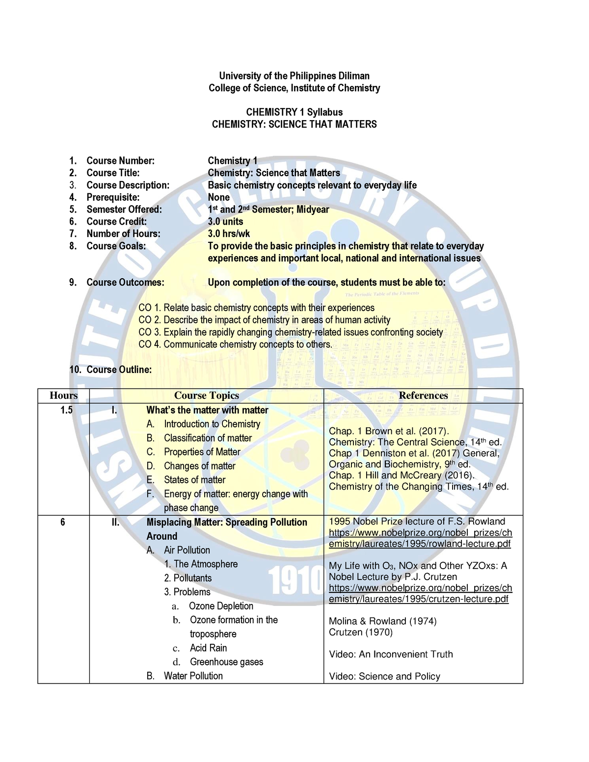 Chem 1 Syllabus For Students Obedized Final - University Of The ...