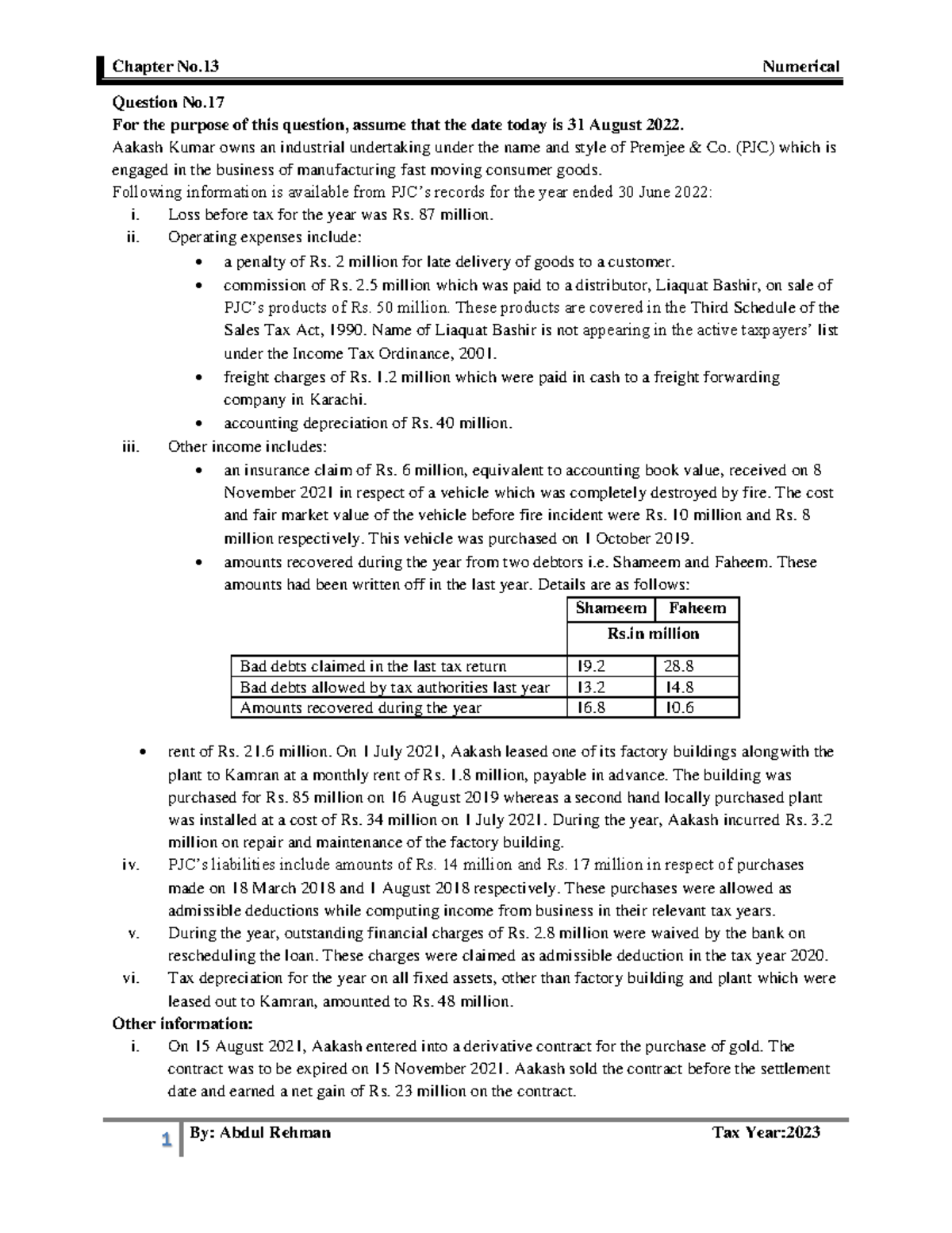Business Q.17 - notes - Question No. For the purpose of this question ...