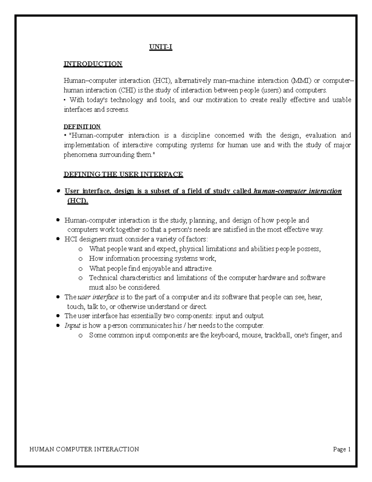 UNIT-1 - NOtes - HUMAN COMPUTER INTERACTION Page 1 UNIT-I INTRODUCTION ...