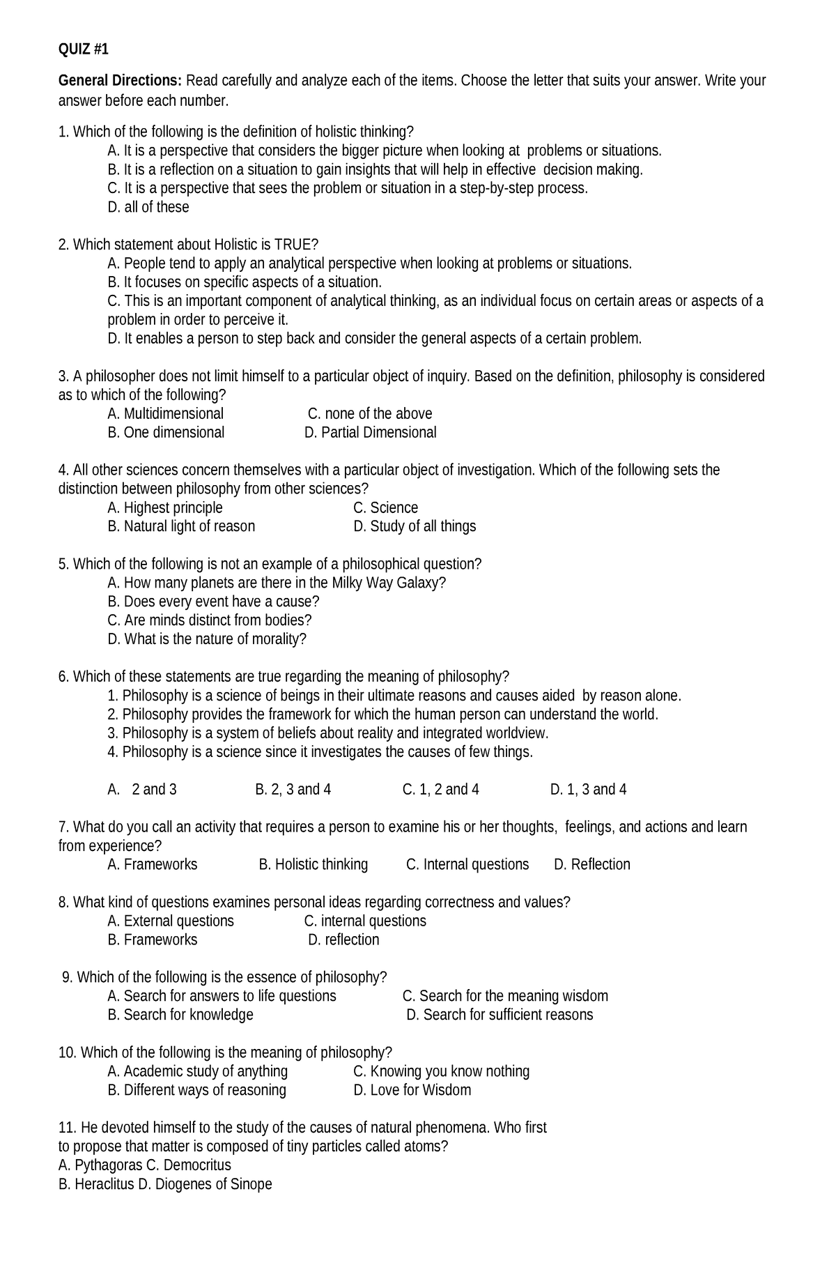 QUIZ 1 - N/A - QUIZ General Directions: Read Carefully And Analyze Each ...