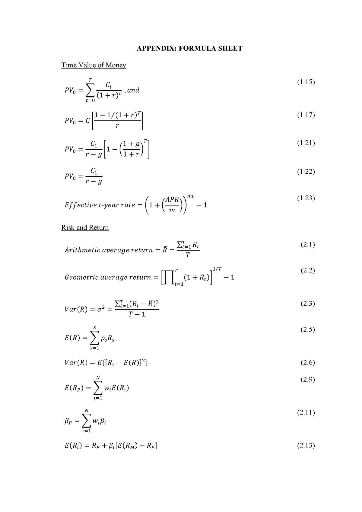 Fin Formula Sheet Appendix Formula Sheet Time Value Of Money