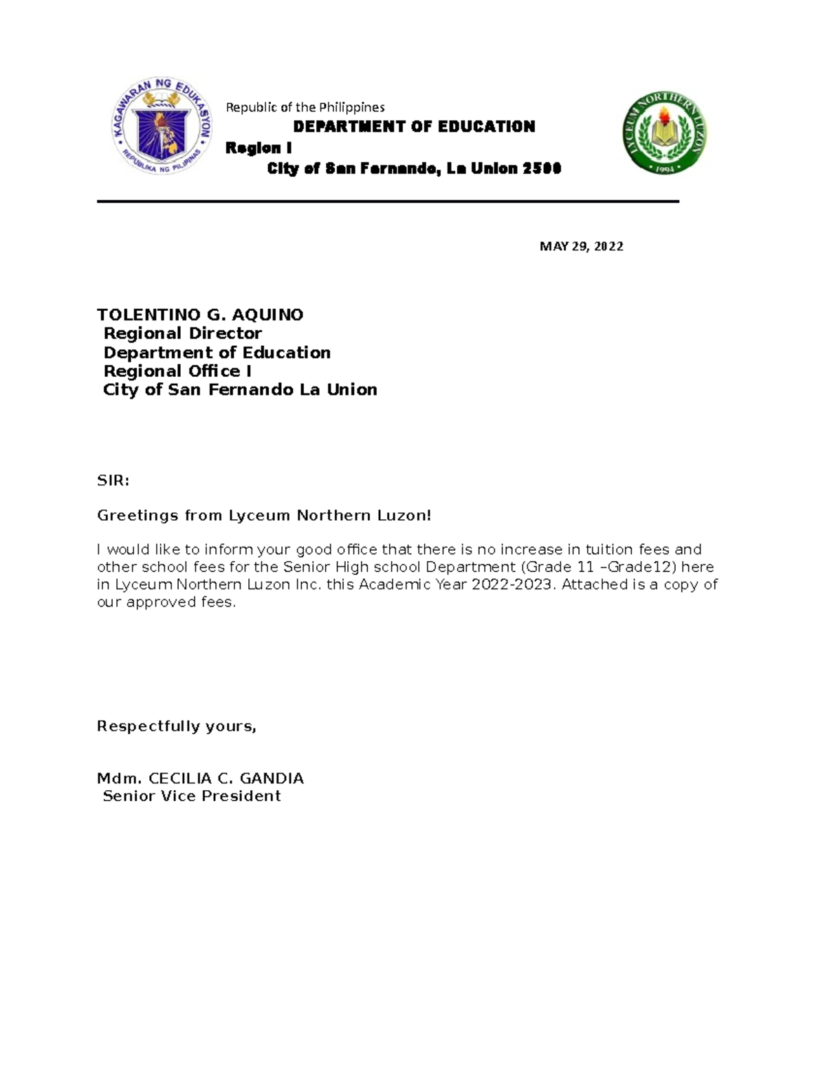 No Tf Increased Sy 2022-2023 - Republic Of The Philippines Department 