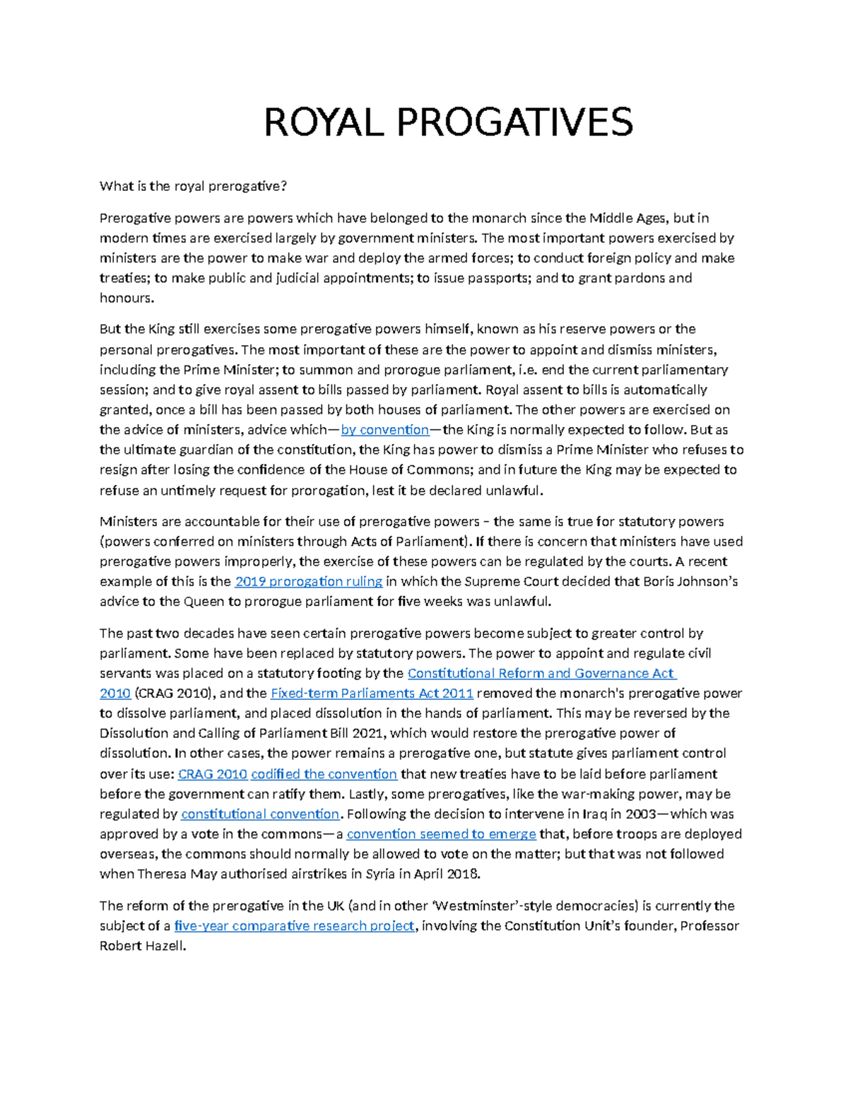 Royal Progatives - crown powers - ROYAL PROGATIVES What is the royal ...