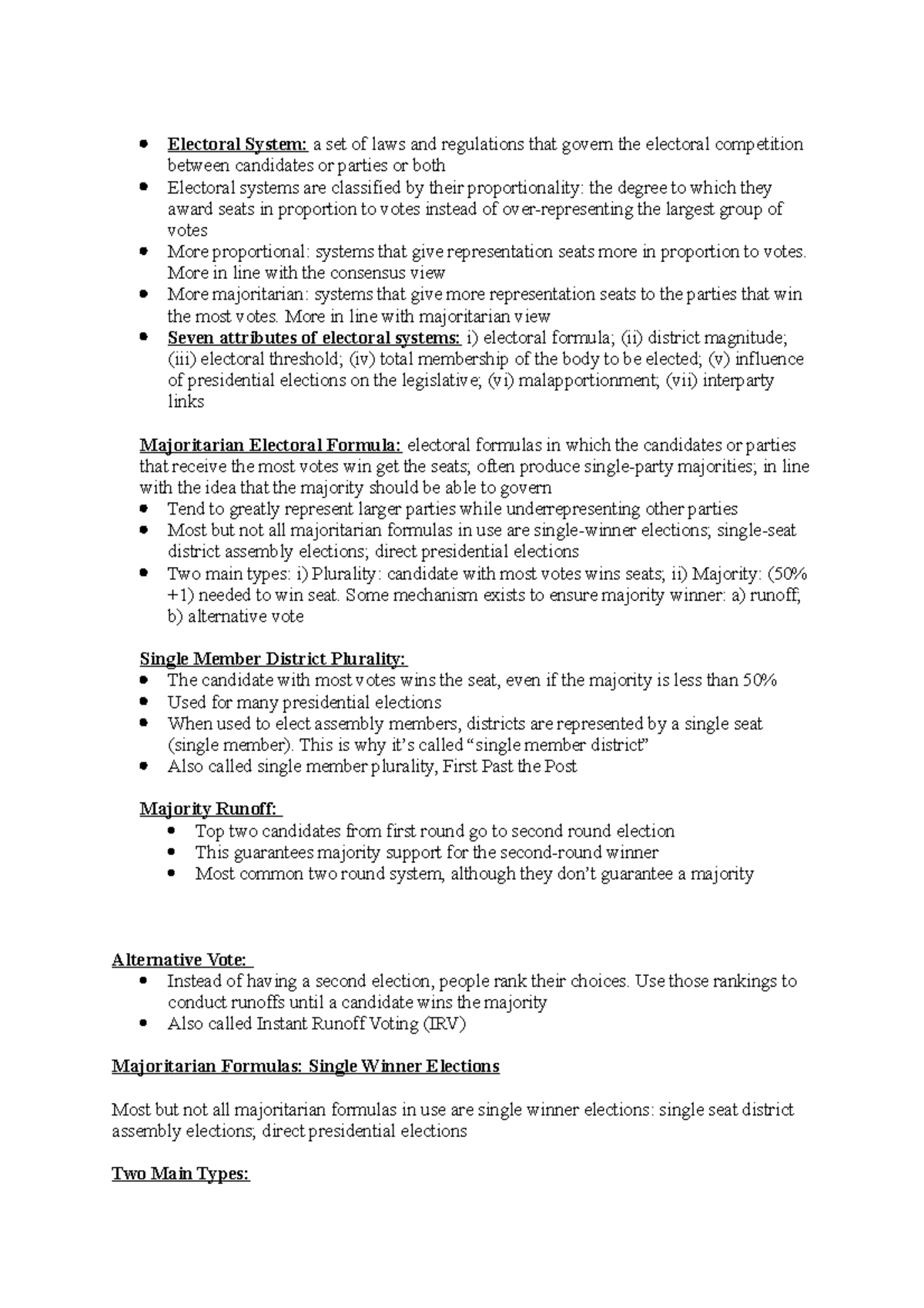 POL 002 Notes 5 - Electoral System: a set of laws and regulations that ...