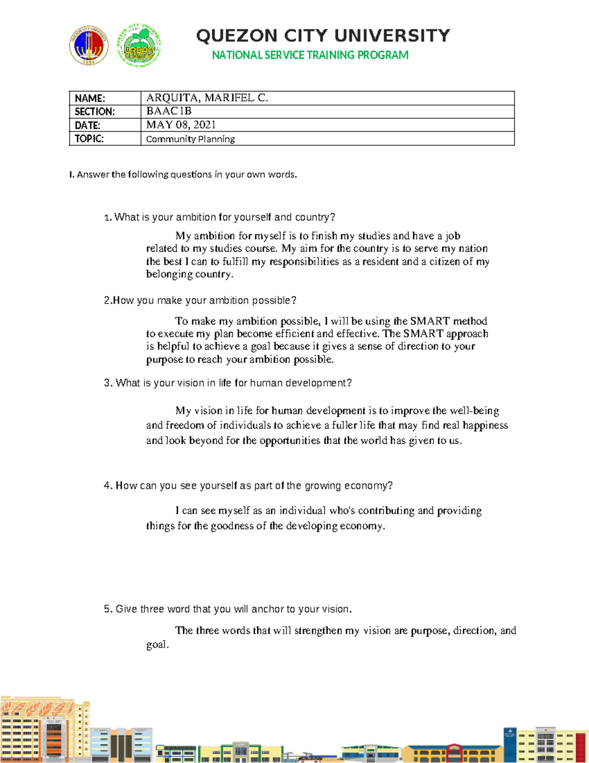 Community Planning Individual Activity QUEZON CITY UNIVERSITY