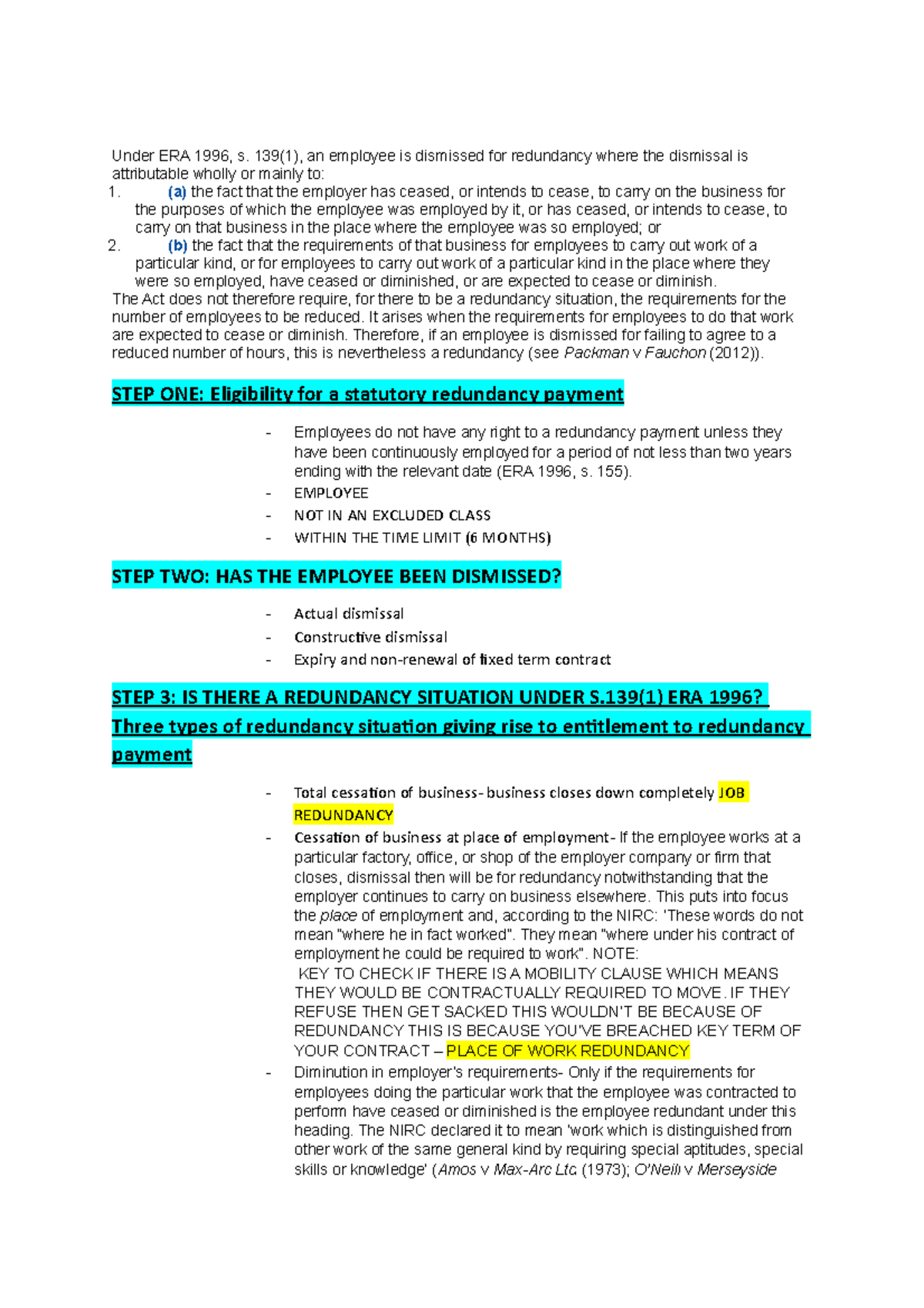 WS6 notes and takss - Under ERA 1996, s. 139(1), an employee is ...