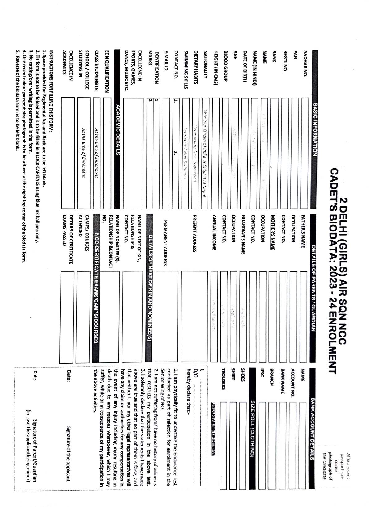 Enrollment form 23 Reverse of the biodata form is to be left blank. 4