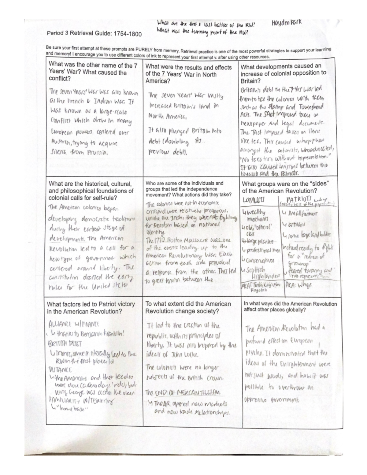 Period 3 Retrieval Guide 1754-1800 - What are the first last battles of ...