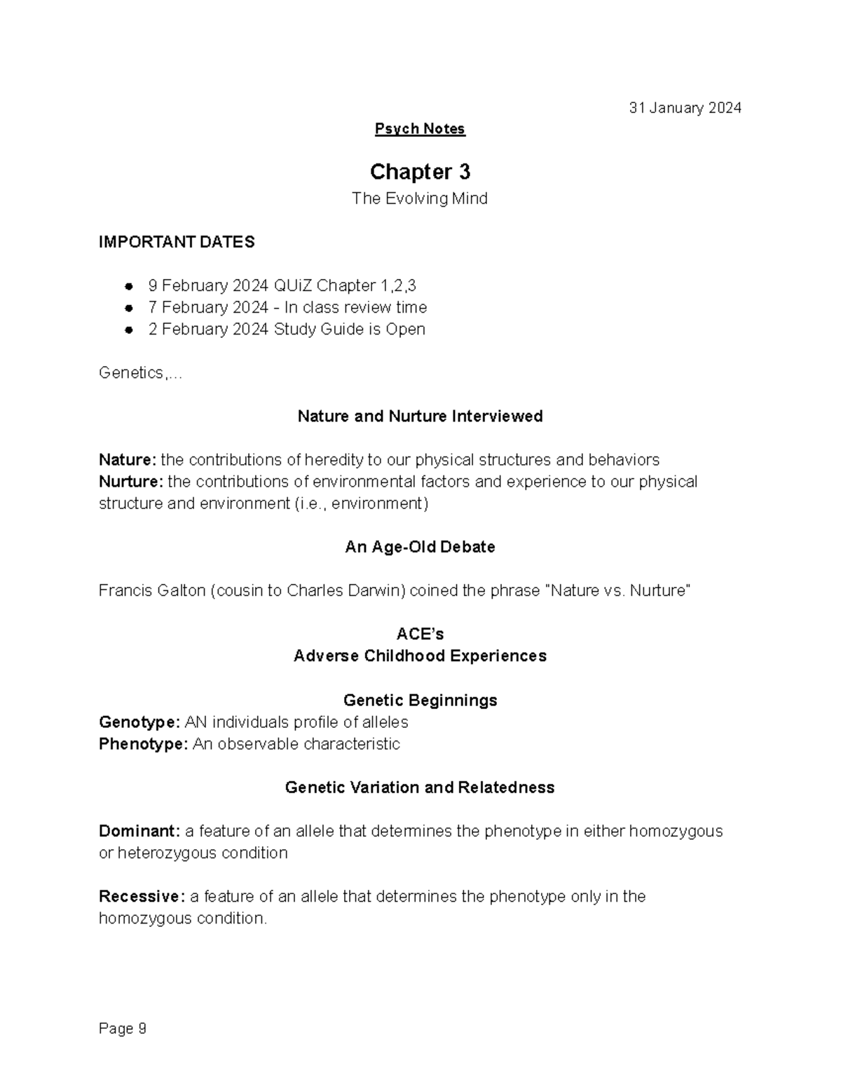 Psych 101 Lecture 3 Notes - 31 JanXaU\ 2024 Psych Notes Chapter 3 The ...