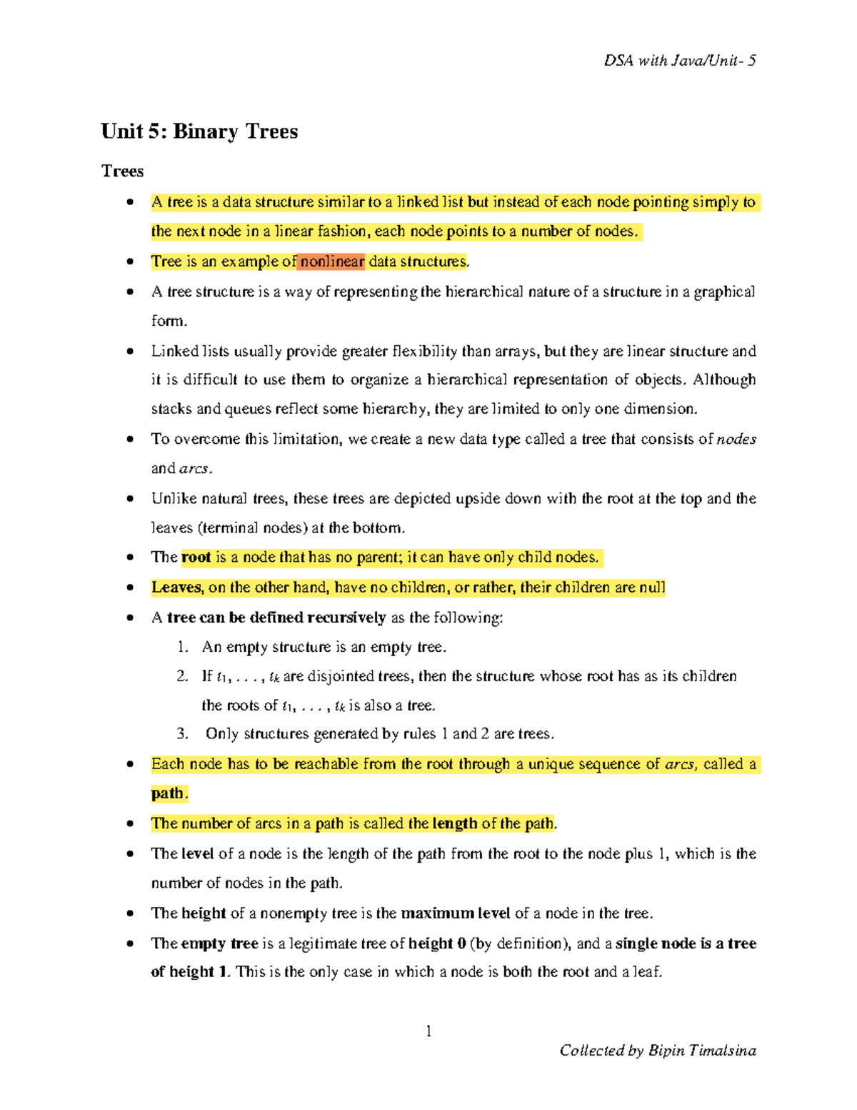DSA with Java - Unit 5 - notes of binary tree - 1 Unit 5: Binary Trees ...